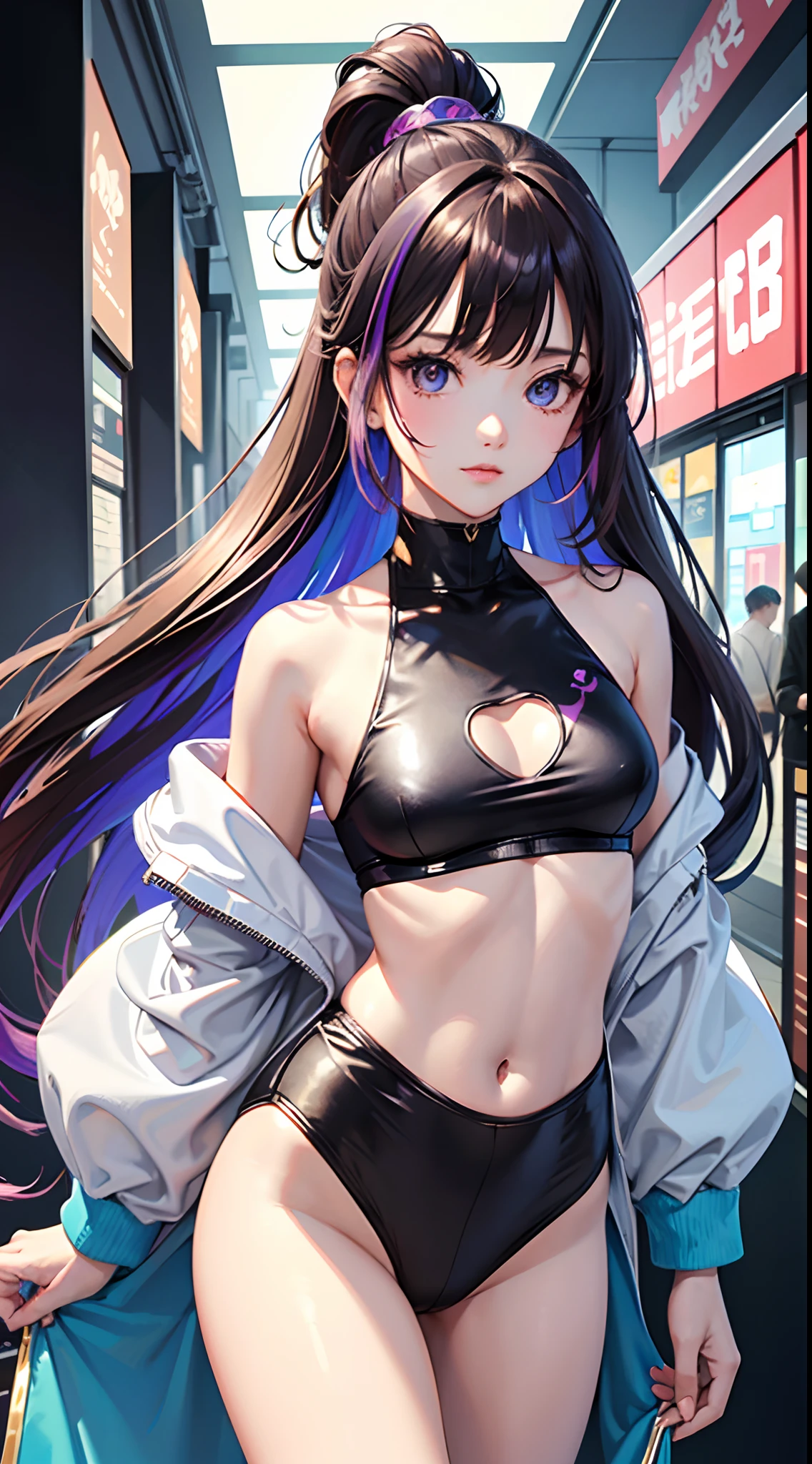 ((Masterpiece)), best quality, absurderes, ultra detailed, holographic, cowboy shot, golden ratio, super cute girl, mature girl, idol girl, super beautiful asian girl with very beautiful violet glowing eyes, beautiful glowing brown multicolored hair, high ponytail, nice and sexy body, slim body, perfect body, wearing a super tight anime printed leotard, an anime printed super tight off shoulder long sleeve crop top, a super aesthetic transparent mini jacket, beautiful hair ornament, pink jordan tennis, being photographed in a mall shop, with her handsome skinny boyfriend, with black messy glowing hair and super casual clothing