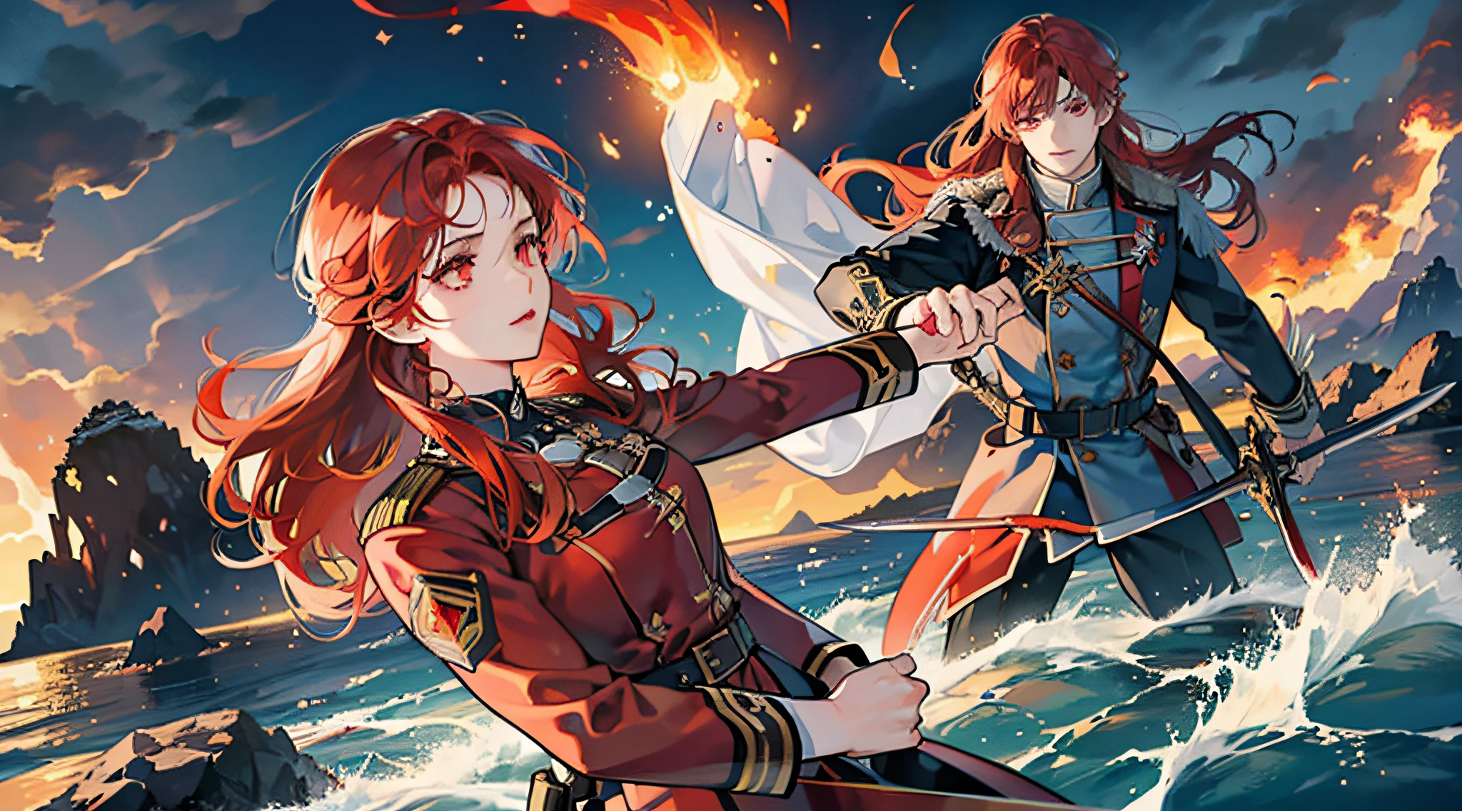 Detail, 4k image, detailed, The waves are hitting, Male1, A rock in the middle of the water, It does not lean on stones, Background of volcanic eruptions, (long red hair:1.3), Fantasy, meteor, (Red Eyes:1.3), (Combat Uniform:1.3), Expressionless, (Hot Light:1.3), (holding holding sword:1.3), skiny, (natta:1.3), (Dynamic:1.3), ((Flames are raging around her))