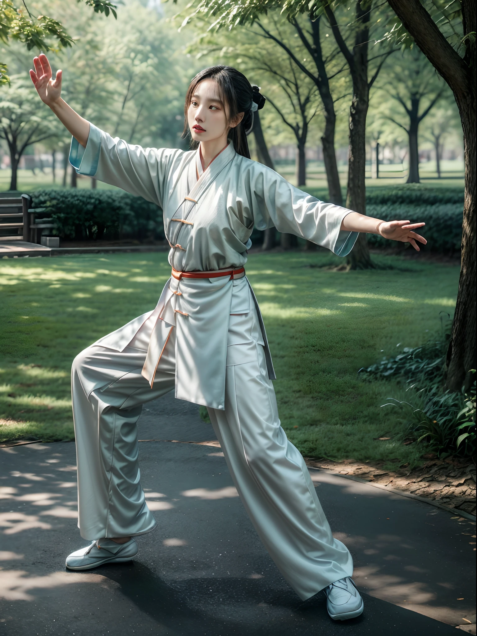 (Beautiful girl practicing Tai Chi Kung Fu pose in the park: 1.2), (Hanfu, traditional garb，White practice uniform), Infrared photography, Graphic design, poster for, fine art, vivd colour, 1.4x realism，hyper HD，Textured skin，(??????? correct，Accurate and perfect Korean female face，Golden ratio), tianfeng1