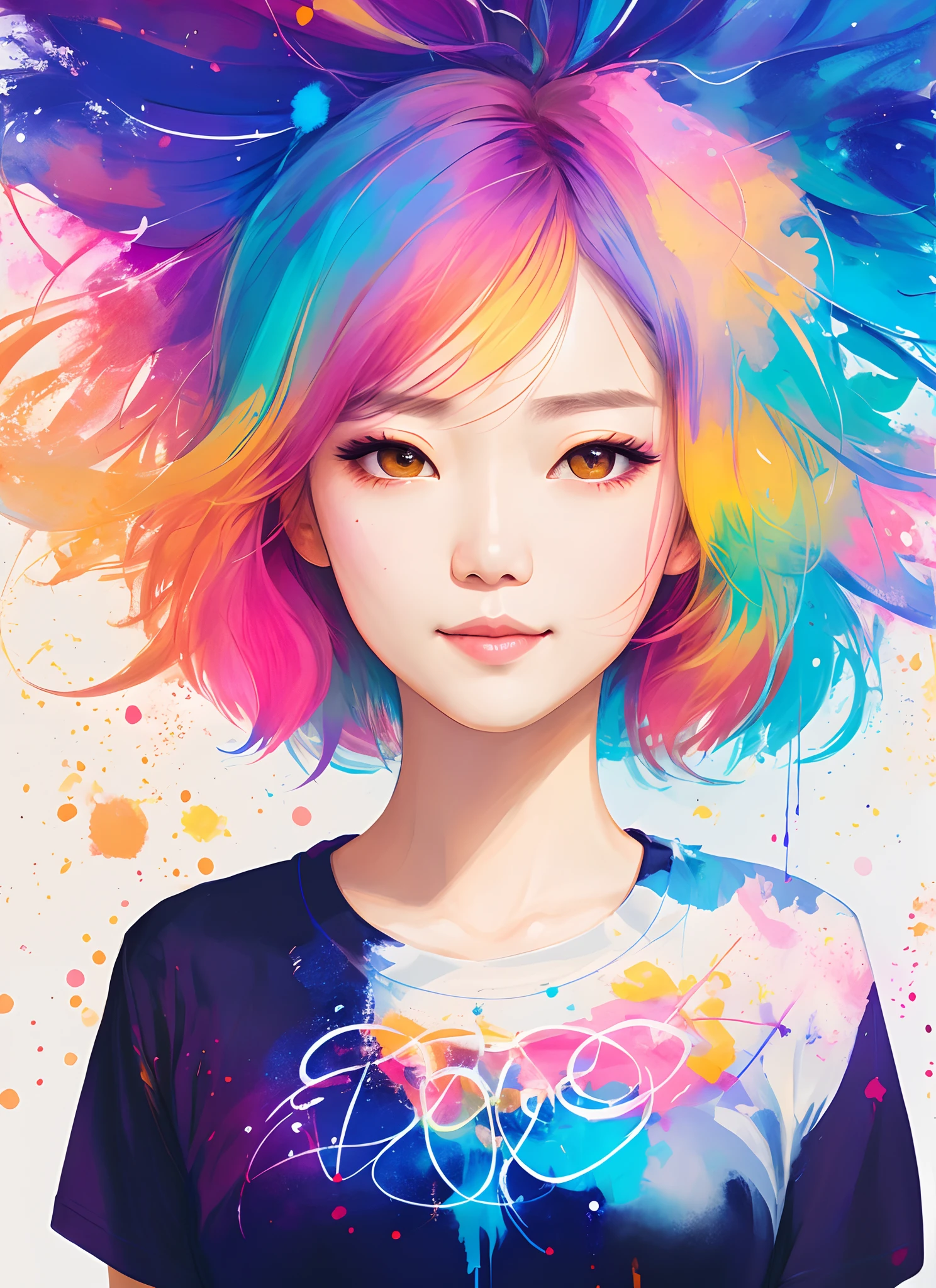 T-shirt design, round design, white background, centered art, 2D vector, Asian woman with agnes cecile, brown eyes, wink eye, shy smile, long hair, bright design, pastel colors, paint drops, autumn lights