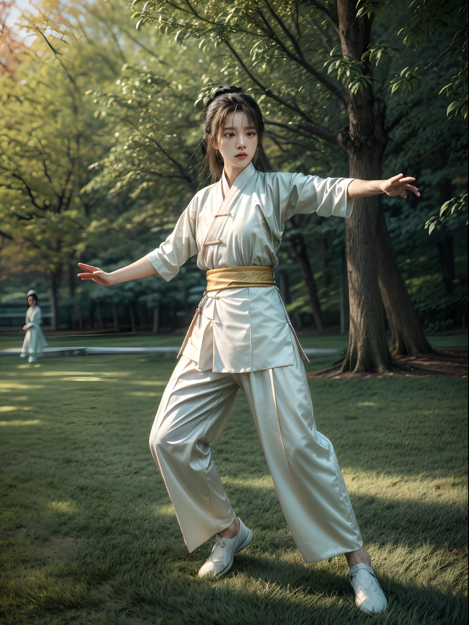 (Beautiful girl practicing Tai Chi Kung Fu pose in the park: 1.2), (Hanfu, traditional garb，White practice uniform), Infrared photography, Graphic design, poster for, fine art, vivd colour, 1.4x realism，hyper HD，Textured skin，(anatomy correct，Accurate and perfect Korean female face，Golden ratio), tianfeng1