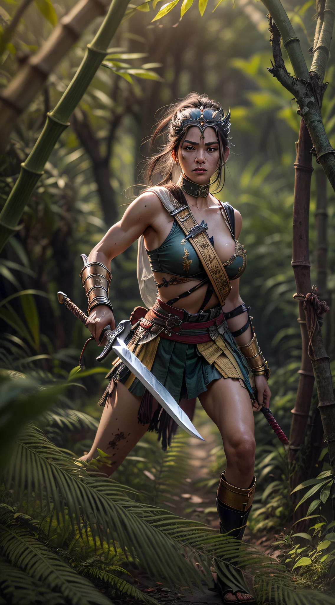 Original photo of a female gladiator, Stand in a fighting stance, In his hand is a sword drawn from its scabbard, preparing to fight, ,Wearing a tattered samurai top,Leaking muscle,(Wind in the bamboo forest), (The wind lifts the leaves), Wounds on the shoulders ( High skin detail: 1.2), 8K UHD, SLR camera, Soft lighting, High quality, filmgrain, Fujifilm XT3