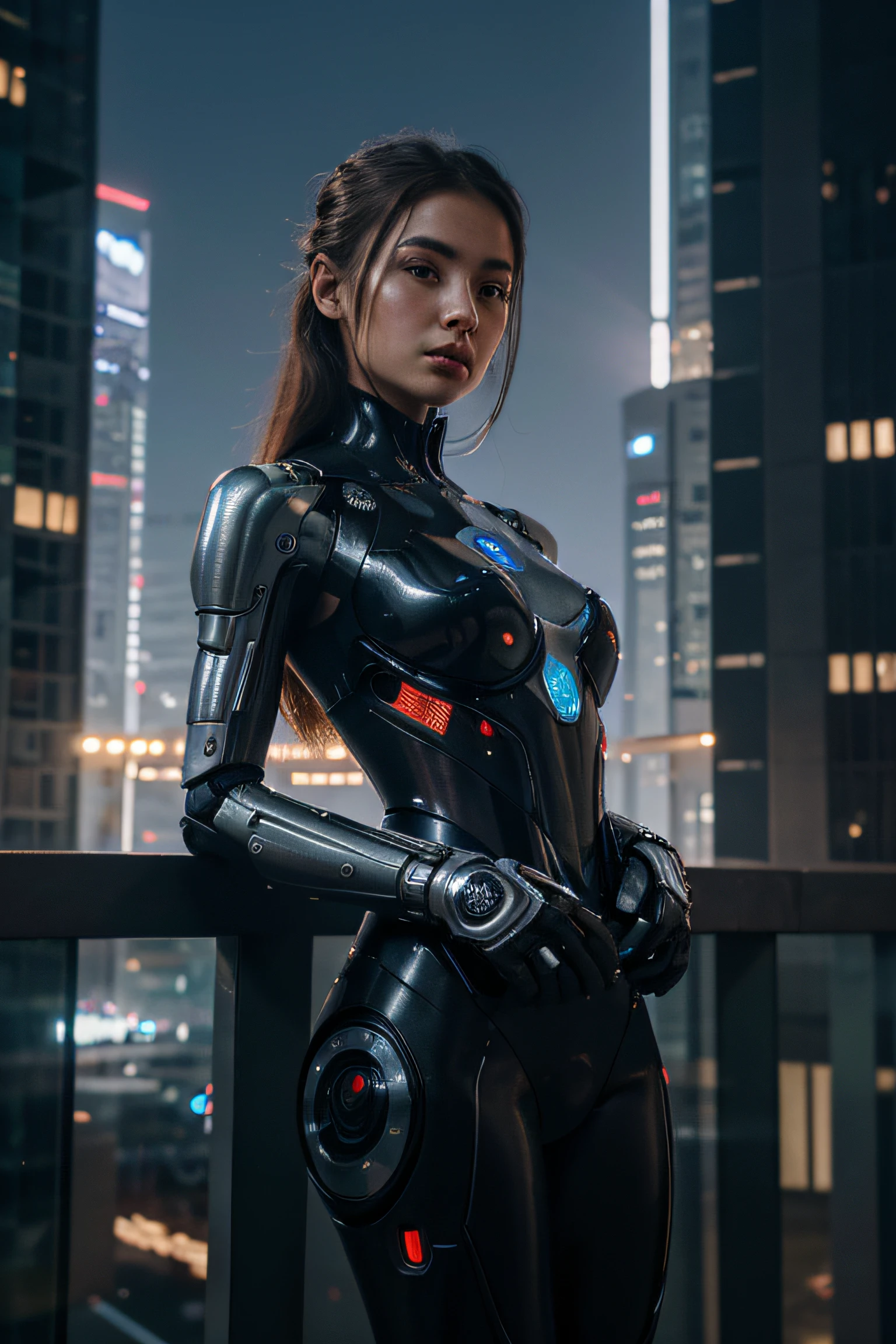 A humanoid-looking robot with an incredibly realistic face of a sensual young woman. Its body is detailed with visible mechanical components, giving it a futuristic and fascinating look. The robot holds a bird gently in its hand, in a peaceful and calm environment. The background of the image shows a futuristic city with skyscrapers and extended lights. The robot has an important appearance and its main focus is to show its realistic face and connection with nature. This image is made in the form of an illustration. frontal position looking at the camera.