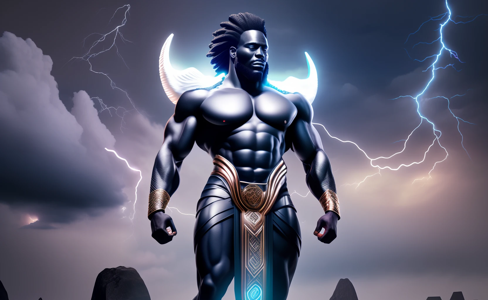 full body shot of Giant African god of rain and lightning flying in the sky among dark clouds, lightning striking all over his body, eyes glowing white, moon shining, with iridescent light, cinematic lighting, artgerm style, 32k, ultra HD, unreal engine rendered, hyper-realistic image, octane 3d rendering --auto --s2
