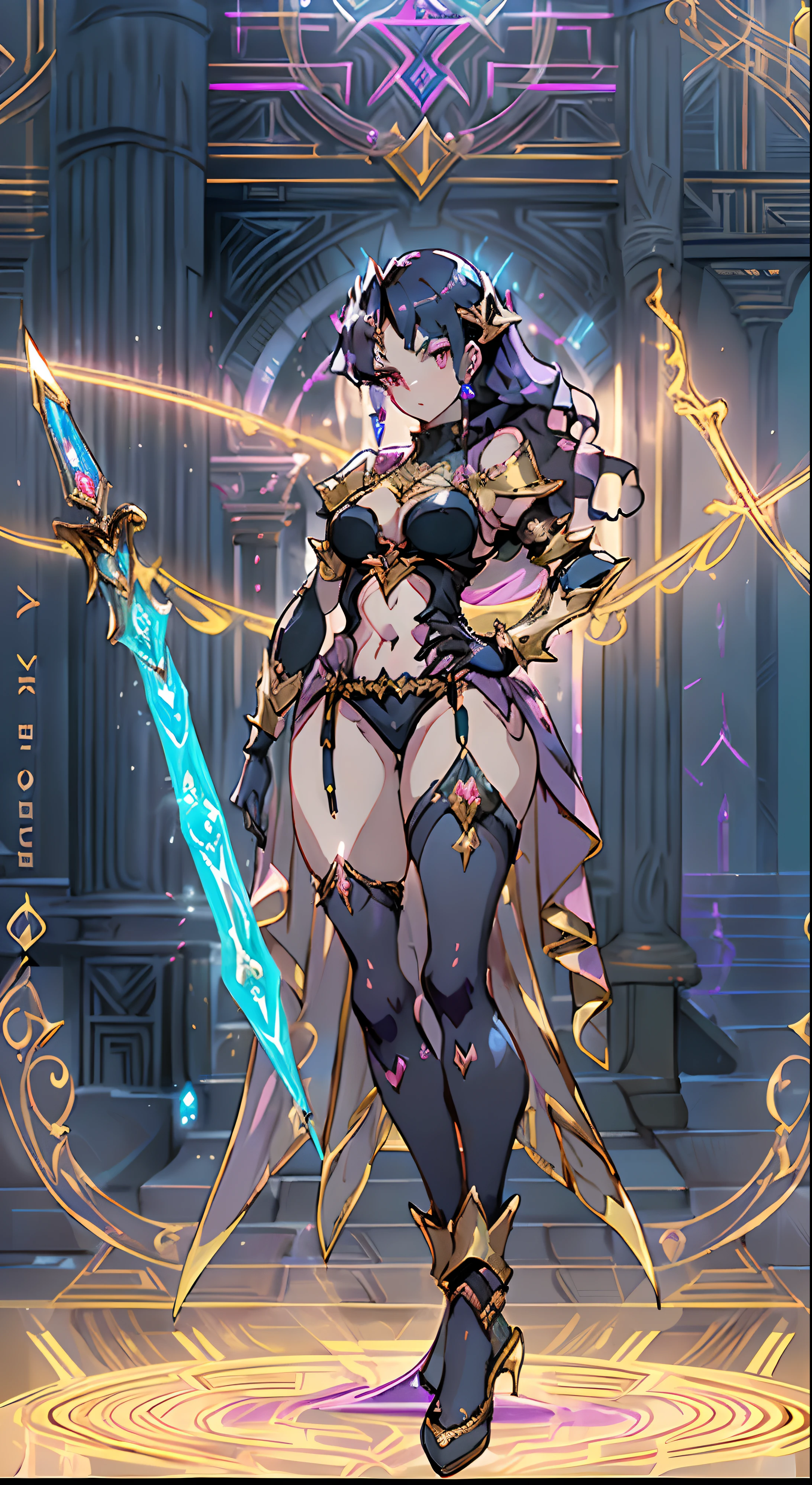 Concevoir une mise en page vitrine Personnage de jeu, ((1fille)), grand_. golden+Purple clothing, Elegant and unique, ((Demonstration Weapon:1.4)), Personnel magique, (Masterpiece:1.2), (Best quality), 4K, Ultra-detailed, (Step-by-step design, art de mise en page:1.5), (glowing lighting, atmospheric lighting), Style Final Fantasy, Magicien, ((Full Hand Glove)), Fran, voir, (((revealing clothes:1.3))), vambraces, Armored Legwear, (((Plein_corps_tir:1.4))), Niji, back_vue