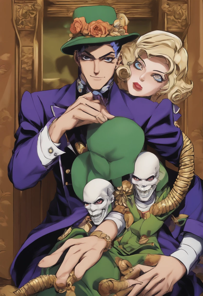 anime character with a clown face and a creepy hand holding a fish, in jojo\'s bizarre adventure, jojo's bizzare adventure, jojo\'s bizarre adventure, jojo anime style, jojo's bizzare adventure!!, jojo's bizarre adventures, jojo's bizarre adventure, jojo bizarre adventure, jojo's bizzare adventure!!!!, bizzare adventures of jojo