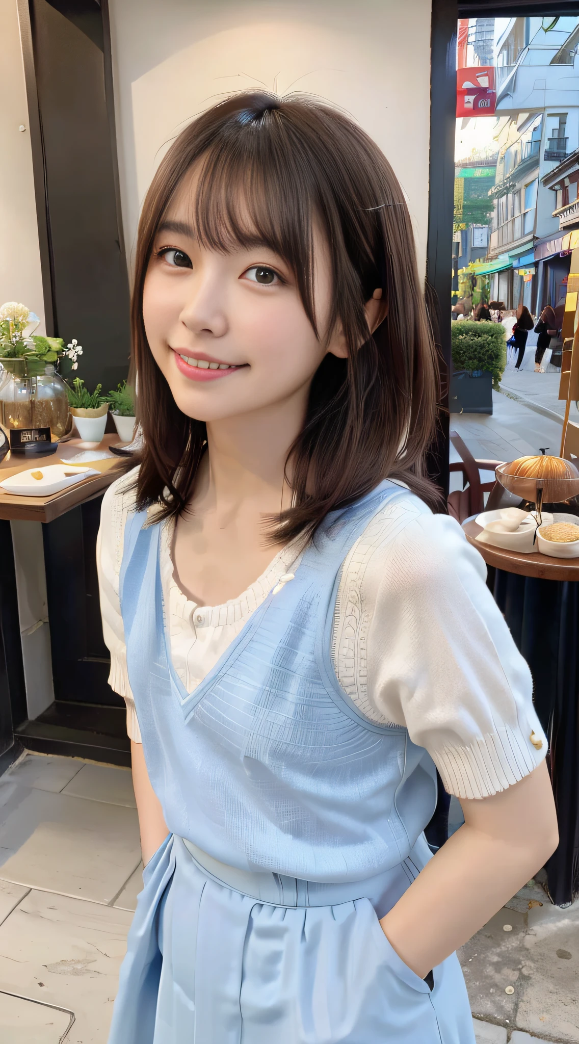 Transcendent Beautiful Girl、(((A street lined with shops)))、(((tea shop)))、(((Drinking coffee)))、Coffee shop table、Perch、(((tiny chest)))、Contours deepen、Beautiful brilliance in every detail、Sunny blue sky、White knitted sweater、Long skirt with blue floral pattern、Lace flowing in the skirt、Gives skin radiance、Beautuful Women、Medium Hair、Hang your bangs on your forehead、brown haired、rainbow-colored hair、delicated facial features、Refreshing smile、Big eyes are cute、Middle chest、Authentic skin texture、耳Nipple Ring、enhanced quality、Ultra-Precision Fine、Ultra High Definition 8K CG Wallpaper Masterpiece