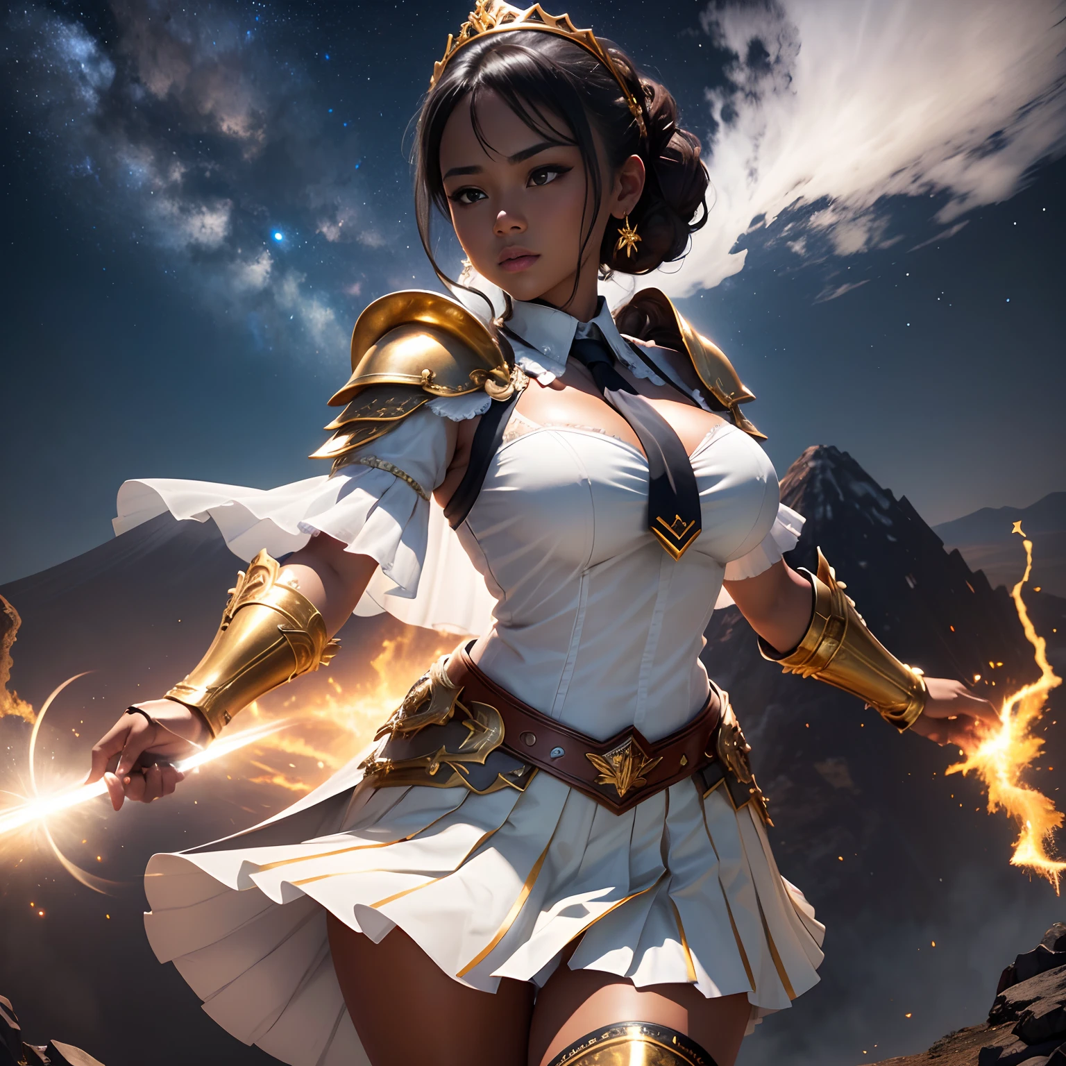 1girl, solo, masterpiece, high quality, high detail, 8k, volumetric lighting, subsurface scattering, beautiful 25 year old woman, pacific islander, (dark skin:1.4), dark hair, chignon updo, large breasts, cleavage, (white blouse:1.4), (tiara:1.2), (tie:1.2), (gilded fantasy armor:1.2),  (silver pleated skirt:1.2), (greaves:1.2), lightning surrounds her, standing on top of a mountain, giant volcano erupting in background, sky full of stars, fighting, action pose