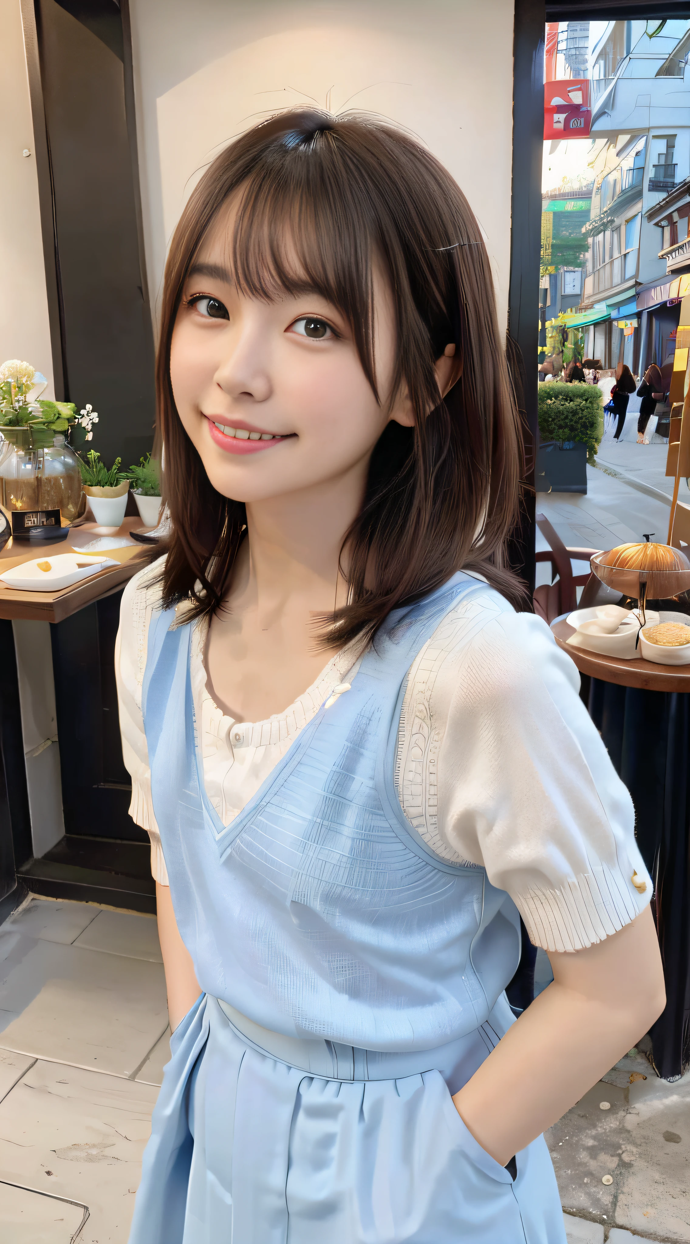 Transcendent Beautiful Girl、(((A street lined with shops)))、(((tea shop)))、(((Drinking coffee)))、Coffee shop table、Perch、(((tiny chest)))、Contours deepen、Beautiful brilliance in every detail、Sunny blue sky、White knitted sweater、Long skirt with blue floral pattern、Lace flowing in the skirt、Gives skin radiance、Beautuful Women、Medium Hair、Hang your bangs on your forehead、brown haired、rainbow-colored hair、delicated facial features、Refreshing smile、Big eyes are cute、Middle chest、Authentic skin texture、耳Nipple Ring、enhanced quality、Ultra-Precision Fine、Ultra High Definition 8K CG Wallpaper Masterpiece