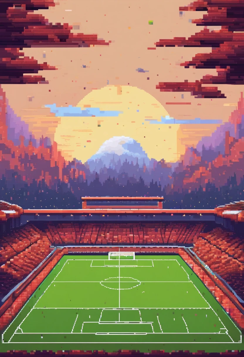 Pixel soccer game landscape. Evening. 3d pixel art 4k wallpaper. Incredible pixel art details. Pixel art. Steam waves. Detailed unreal engine pixel art