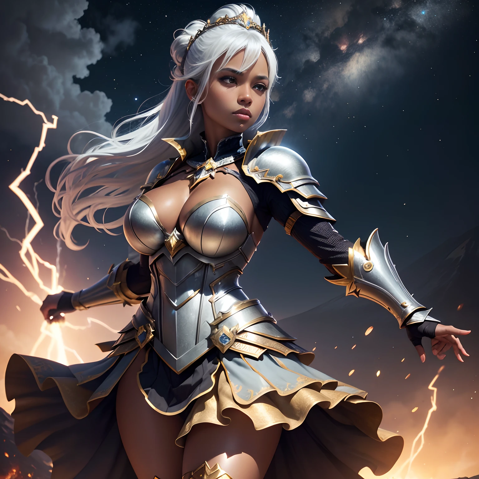 1girl, solo, masterpiece, high quality, high detail, 8k, volumetric lighting, subsurface scattering, beautiful 25 year old woman, pacific islander, (dark skin:1.4), platinum hair, chignon updo, large breasts, cleavage, (silver blouse:1.2), tiara, tie, (fantasy armor:1.2),  (gilded pleated skirt:1.2), (greaves:1.2), lightning surrounds her, standing on top of a mountain, giant volcano erupting in background, sky full of stars, fighting pose, action pose