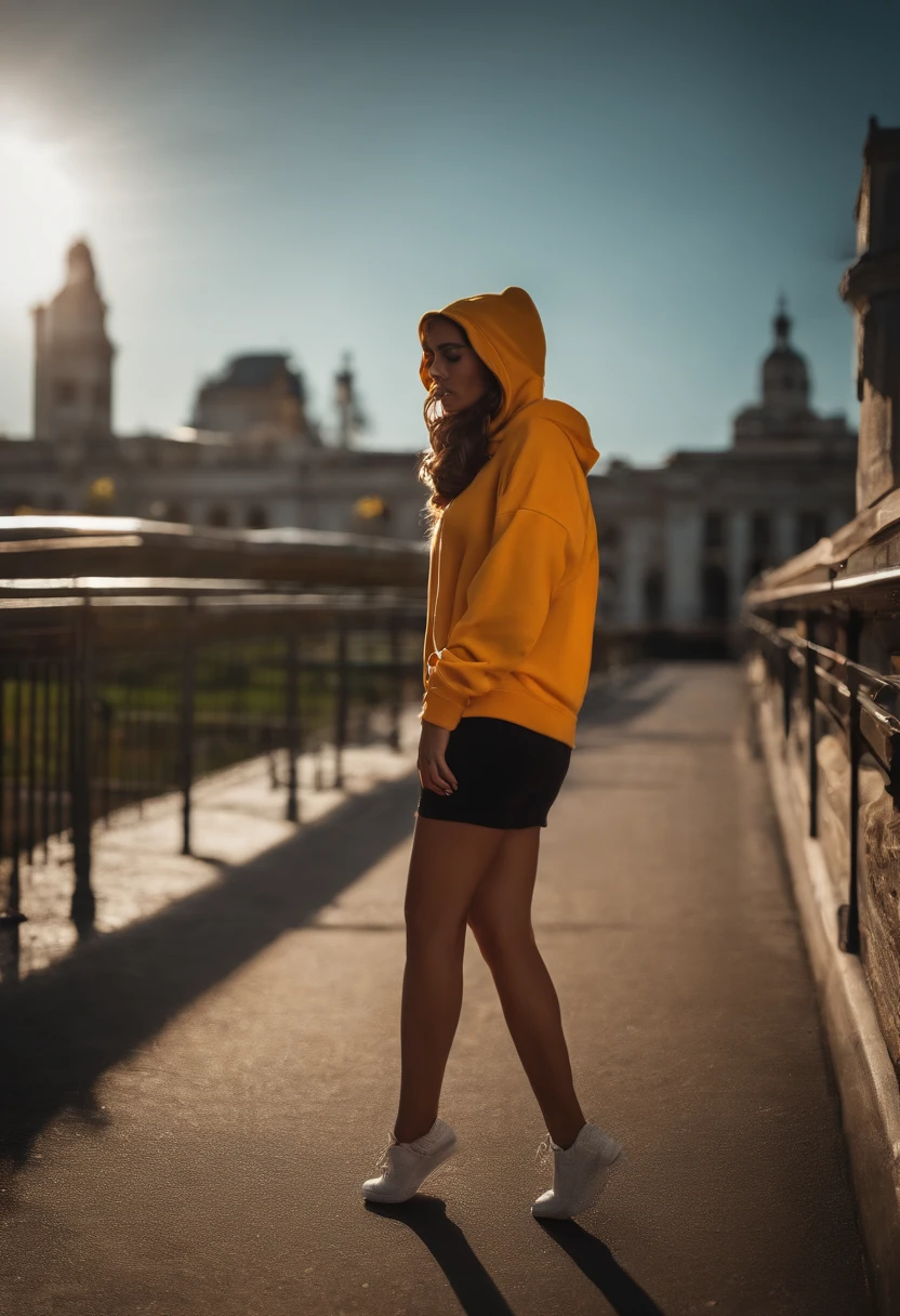 Pecho grande,Cara del modelo,Cara perfecta,cuerpo completo, largo_cabello, splendid, Chica de la ciudad, occidental, falda, chica caliente, De compras en la ciudad, (Obra maestra), La mejor calidad, High resolution, extremadamente detallado, fondo borroso, Profundidad de campo, cinematic lighting, usando una hoodie de color negro