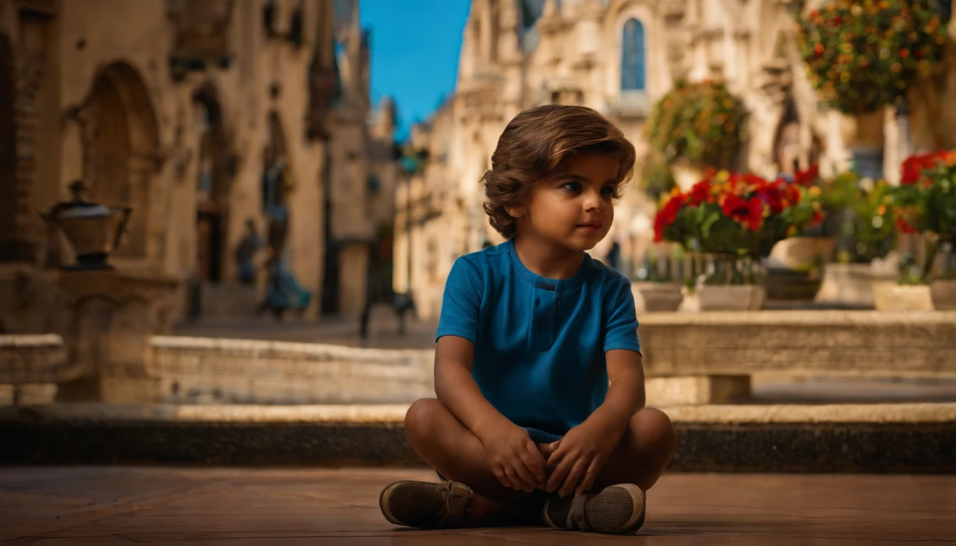 : Miguel, cerca de 5 anos de idade, Cabelo curto no estilo Disney, olhos azul, em uma pequena cidade interior