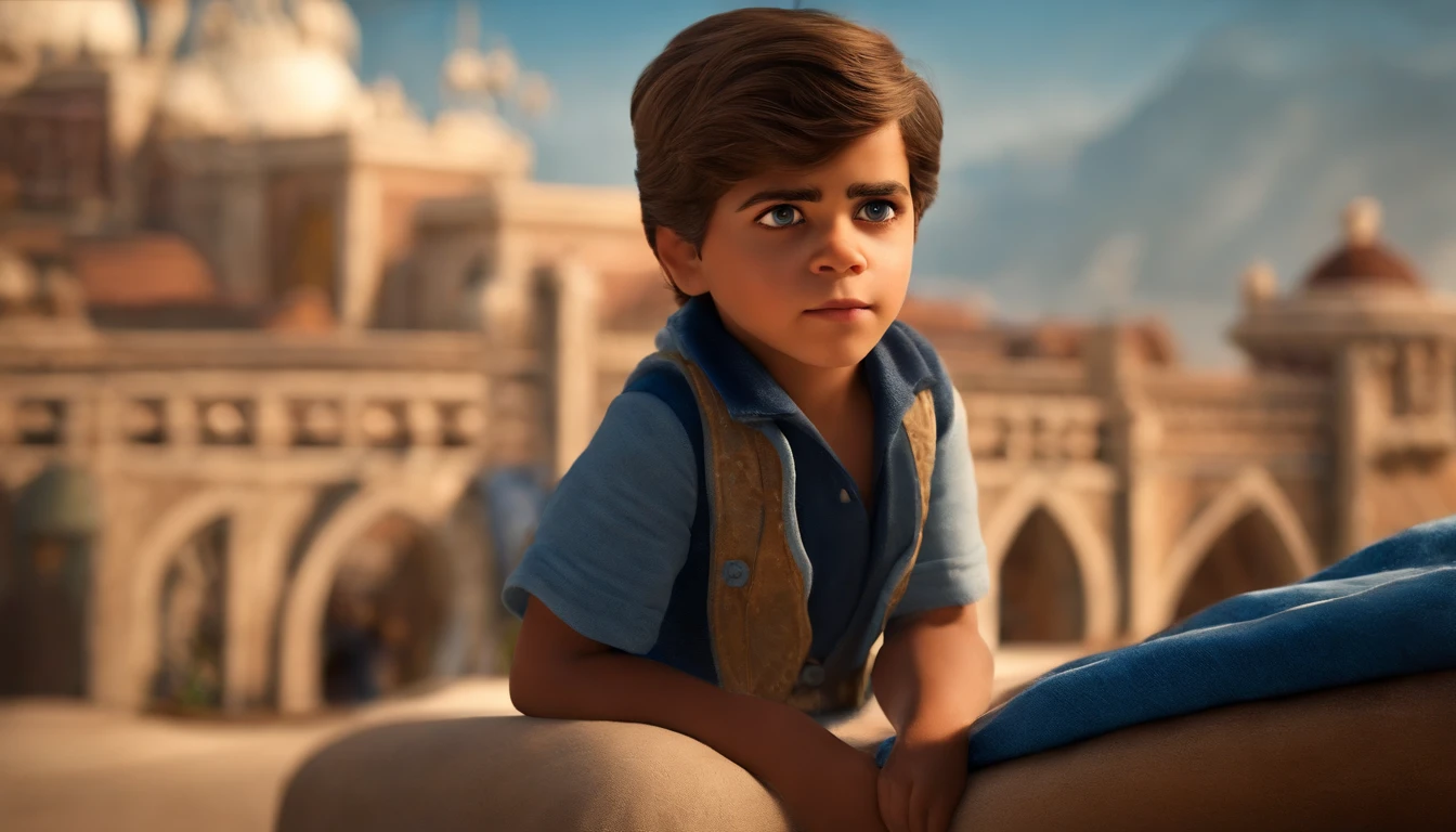 : Miguel, cerca de 5 anos de idade, Cabelo curto no estilo Disney, olhos azul, em uma pequena cidade interior
