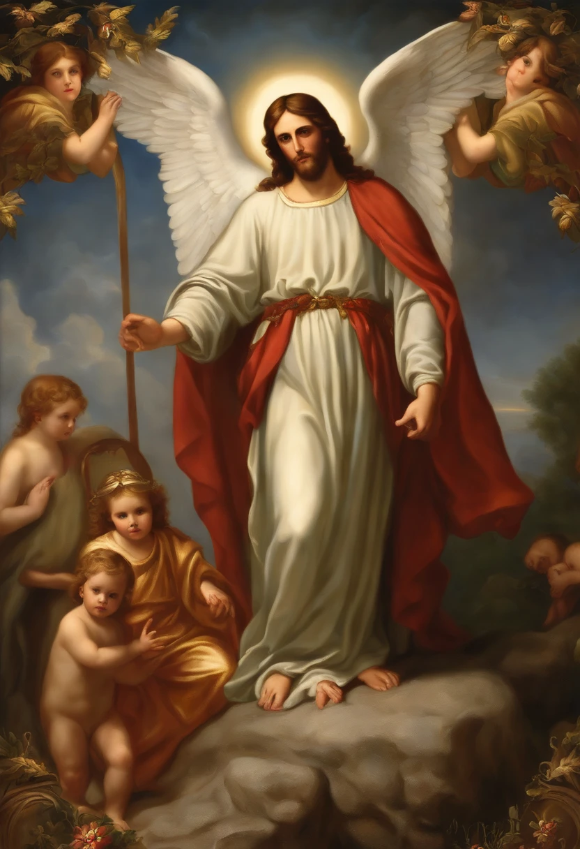 create a digital image that represents Saint Michael the Archangel standing behind Jesus Christ in a religious scene. The image should portray Jesus Christ as the focal point, with Saint Michael the Archangel positioned behind him as his protector. Both characters must be represented in a respectful and sacred way, with traditional clothing and serene expressions. The scene should be softly lit, with a backdrop that conveys a divine ambience. Make sure the image conveys a sense of peace and spirituality."