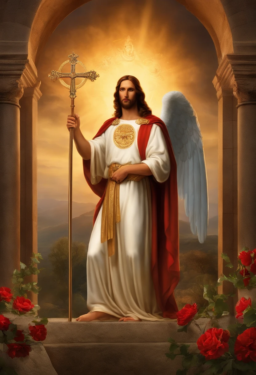 create a digital image that depicts St. Michael the Archangel standing behind Jesus Christ in a religious scene. A imagem deve retratar Jesus Cristo como o ponto focal, with St. Michael the Archangel positioned behind him as his protector. Ambos os personagens devem ser representados de forma respeitosa e sagrada, with traditional clothes and serene expressions. A cena deve ser iluminada suavemente, with a setting that conveys a divine ambience. Make sure the image conveys a sense of peace and spirituality."