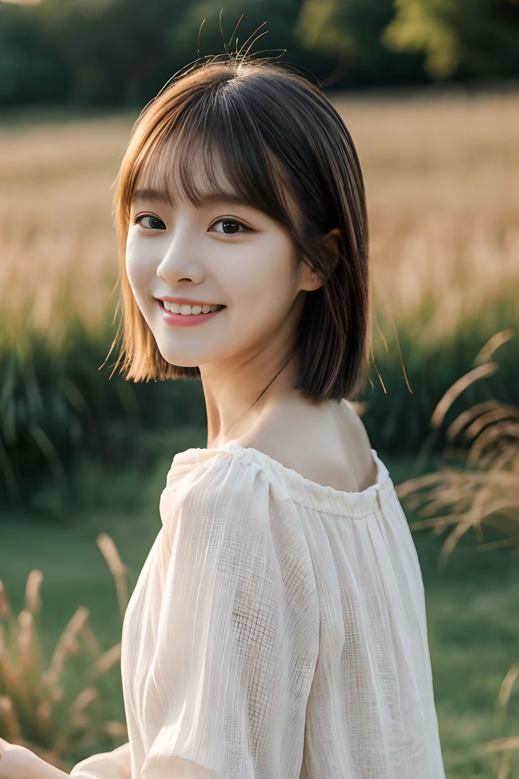 ​masterpiece、4K、top-quality、beautiful Korean women、detail portrayal、1 girl in、23years old、(blouse:1.1)、bob cuts、夏天、countryside、depth of fields、cowboy  shot、ssmile