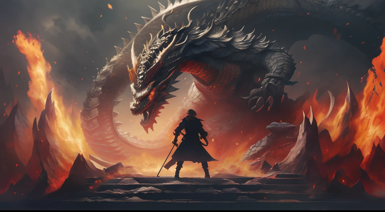 samurai, Standing in front of the dragon, from which the fire emanates, fighting a dragon, 4k fantasy art, epic fantasy illustration, epic fantasy digital art style, epic fantasy art style hd, epic fantasy art style, epic fantasy artwork, fighting a dragon, 8k fantasy art, Epic fantasy digital art, epic fantasy game art, Epic fantasy art, Cinematic Fantasy Painting