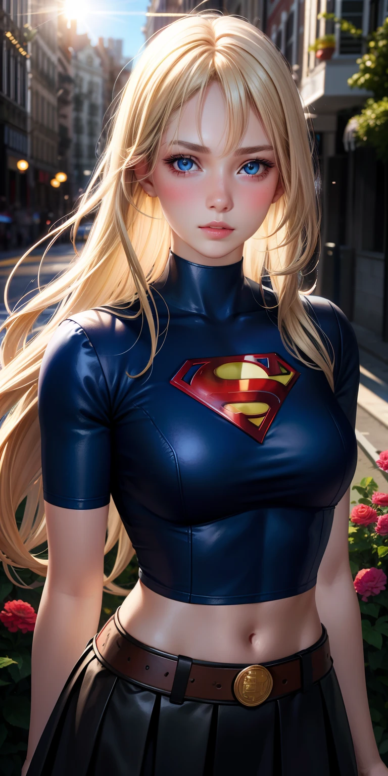 realistic, 1girl, blonde hair, blue eyes, bright blue eyes, cropped top, skirt, lips parted, blush, night, flowers, sun, sunlight, with Superman letter S on his chest.