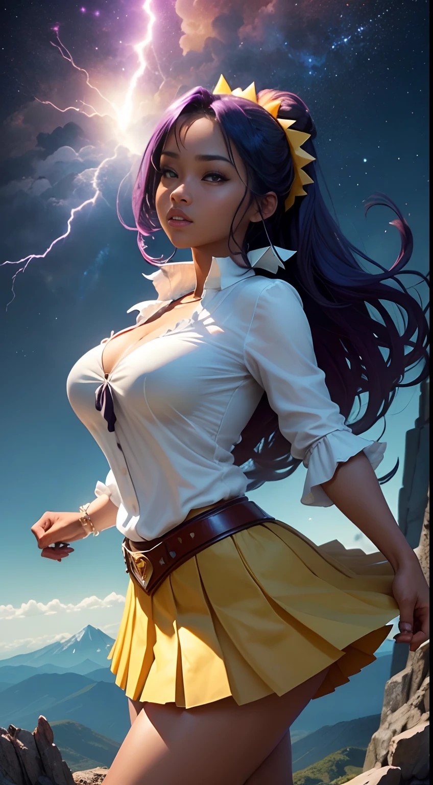 1girl, solo, masterpiece, high quality, high detail, 8k, volumetric lighting, subsurface scattering, beautiful 25 year old woman, pacific islander, (dark skin:1.4), purple hair, chignon updo, large breasts, cleavage, (white blouse:1.4), tiara, tie, fantasy armor,  (yellow pleated skirt:1.2), (greaves:1.2), lightning surrounds her, standing on top of a mountain, giant volcano erupting in background, sky full of stars, superhero pose, action pose