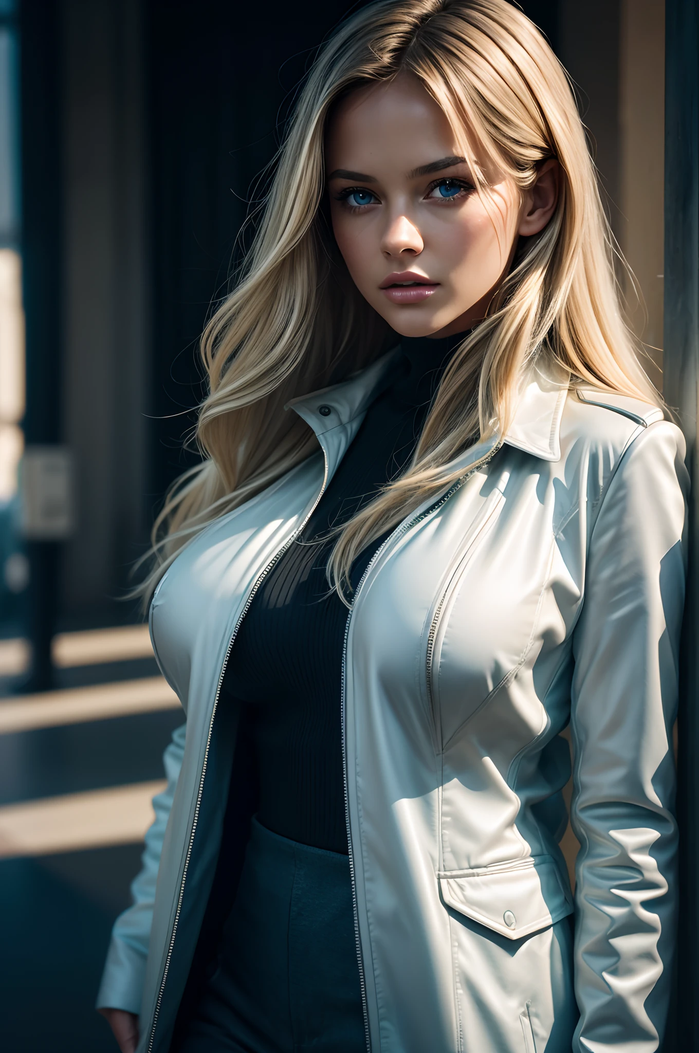 Kristina Pimenova, dress, coat, shirt, jacket, ultra detailed face, skinny body, white skin, long platinum blonde wavy hair, (detailed light blue eyes, masterpiece), ((front view)), (((giant breasts))), photorealism, high contrast, photorealistic, photo, masterpiece, realistic, realism, photorealism, high contrast, photorealistic digital art trend on Artstation 8k HD high definition detailed realistic, detailed, skin texture, hyperdetailed, realistic skin texture, best quality, ultra high resolution, (photorealistic: 1.4), high resolution, detailed, raw photo, sharp re, camera kodak portra 400 lens f1.6 rich colors hyper realistic texture dramatic lighting irrealengine trend in artstation cinestill 800.