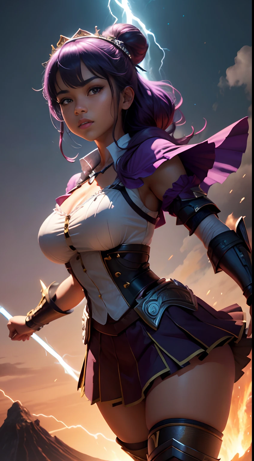 1girl, solo, masterpiece, high quality, high detail, 8k, volumetric lighting, subsurface scattering, beautiful 25 year old woman, pacific islander, (dark skin:1.4), purple hair, chignon updo, large breasts, cleavage, (blouse:1.4), (tiara:1.2), tie, fantasy armor,  (pleated skirt:1.2), (greaves:1.4), stockings, lightning surrounds her, standing on top of a mountain, giant volcano erupting in background, sky filled with planets, action pose, fighting pose, 171732