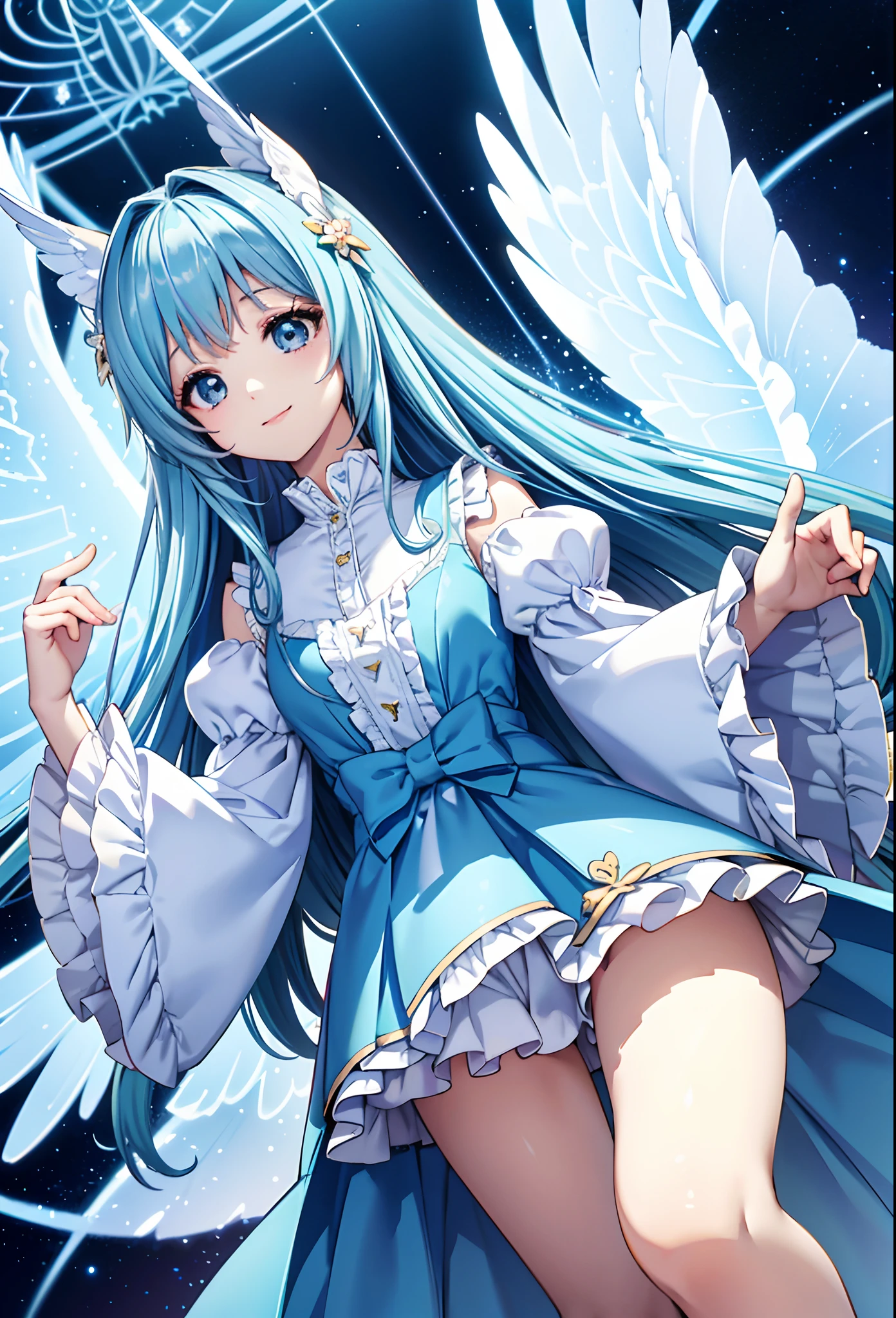 Angel wings shining in seven colors、Kawaii Girl、adorable smiling、Light blue long hair、Twin-tailed、Colorful angel costume in ta style with ruffles、A blizzard of fluttering flowers(Some photos)、((top-quality))、((masterpiece))、(ighly detailed、highestdetailed、Official art、Beautifully Aesthetic:1.2)