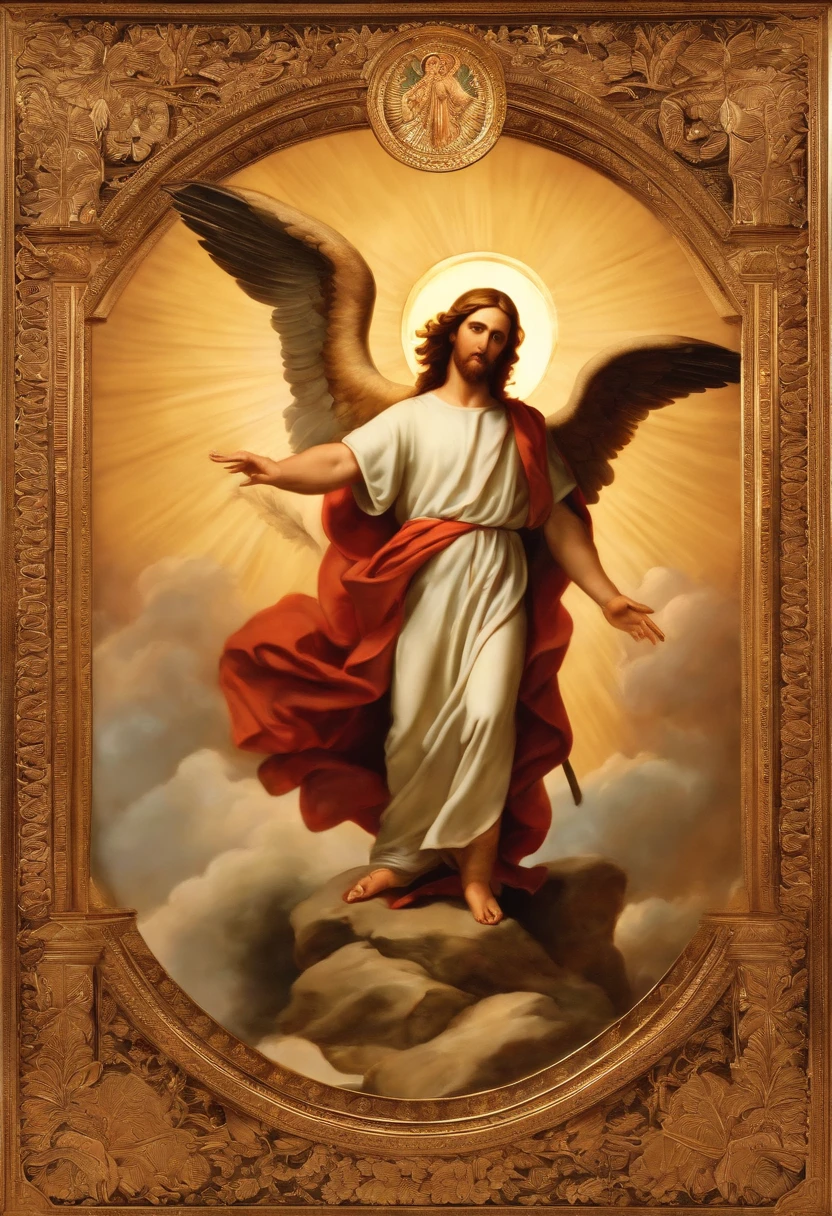 create a digital image that represents Saint Michael the Archangel standing behind Jesus Christ in a religious scene. The image should portray Jesus Christ as the focal point, with Saint Michael the Archangel positioned behind him as his protector. Both characters must be represented in a respectful and sacred way, with traditional clothing and serene expressions. The scene should be softly lit, with a backdrop that conveys a divine ambience. Make sure the image conveys a sense of peace and spirituality."