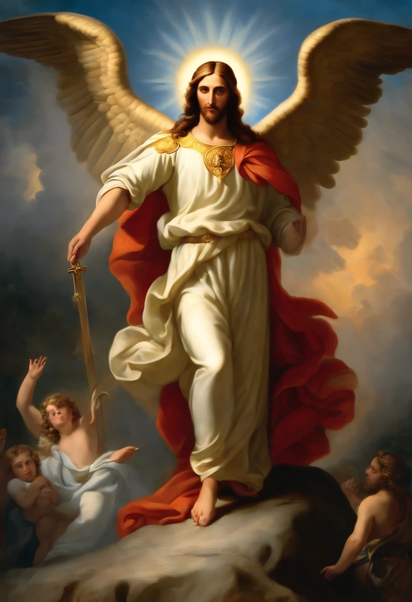 create a digital image that represents Saint Michael the Archangel standing behind Jesus Christ in a religious scene. The image should portray Jesus Christ as the focal point, with Saint Michael the Archangel positioned behind him as his protector. Both characters must be represented in a respectful and sacred way, with traditional clothing and serene expressions. The scene should be softly lit, with a backdrop that conveys a divine ambience. Make sure the image conveys a sense of peace and spirituality."