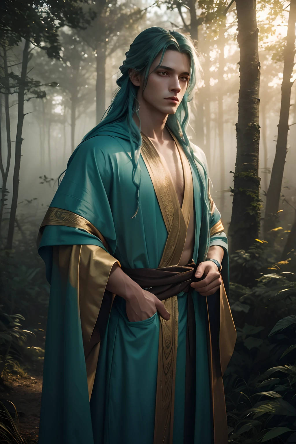 Light blue long hair, turquoise eyes, long eyelashes, dark lips, apricot eyes, 1boy, fantasy, Druid, best quality, golden_hour, wearing sage green robes, in the woods, misty, foggy, best shadows, high res, sharp focus, octane_render