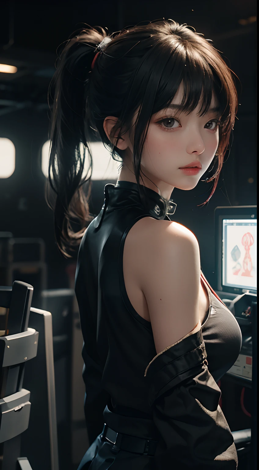 best qualtiy，tmasterpiece，超高分辨率，（Fidelity：1.4），RAW photogr，1 double ponytail，cyber punk perssonage, Best quality at best, The is very detailed, detailed back ground, anime big breast, 1girl, Young girls, Short girl, scientific fiction, space ship, space, cow boy shot,，love heart，cropped shoulders，cinmatic lighting。