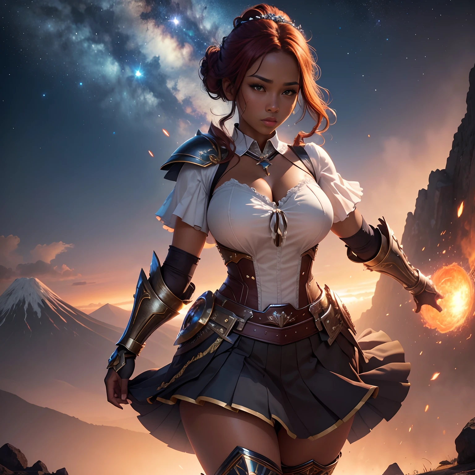 1girl, solo, masterpiece, high quality, high detail, 8k, volumetric lighting, subsurface scattering, beautiful 25 year old woman, pacific islander, (dark skin:1.4), auburn hair, chignon updo, large breasts, cleavage, (blouse:1.4), (tiara:1.2), tie, fantasy armor, (pleated skirt:1.2), (greaves:1.4), stockings, lightning surrounds her, standing on top of a mountain, giant volcano erupting in background, sky full of stars, superhero pose, action pose, 171732