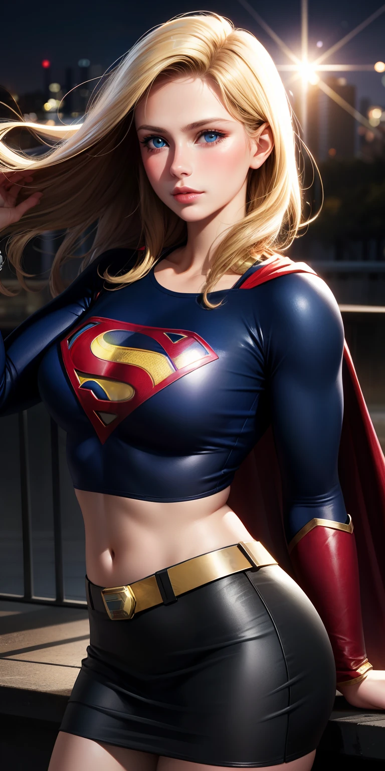 realistic, 1girl, blonde hair, blue eyes, bright blue eyes, cropped top, skirt, lips parted, blush, night, flowers, sun, sunlight, with Superman letter S on his chest.