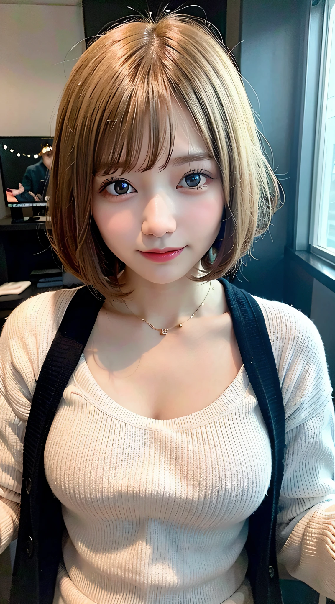 ((highest quality))、(masterpiece:1.4)、Raw photo、8K、((best image quality))、 ((highest resolution))、ultra fine photo、delicate face、Beautiful face in every detail、very detailed、(one woman:1.3)、realistic、(cute woman:1.3)、(short hair、disappoint one&#39;bangs)、(Beautiful woman)、(small face:1.3)、((long neck))、necklace、bracelet、(big breasts:1.5)、((crowded train))、off shoulder shirt、Breast flick