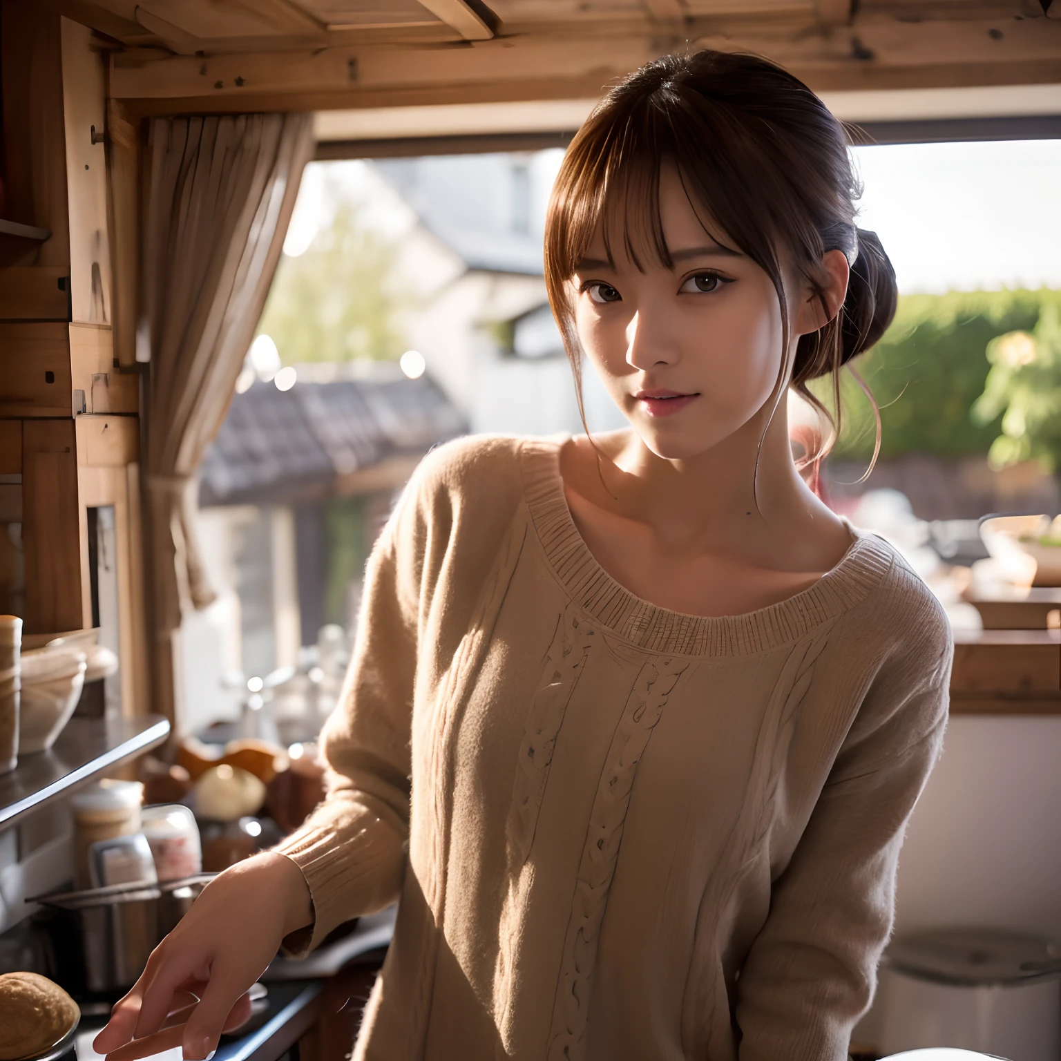 (Best Quality, 8K, masutepiece, Ultra HD: 1.3), 1girl in,Wolfcut,cocky,Facial expressions inviting a man,Glossy,slender body shape,Delicate lips,beautidful eyes,二重まぶた,Naked apron,Sweater that kills virgins
