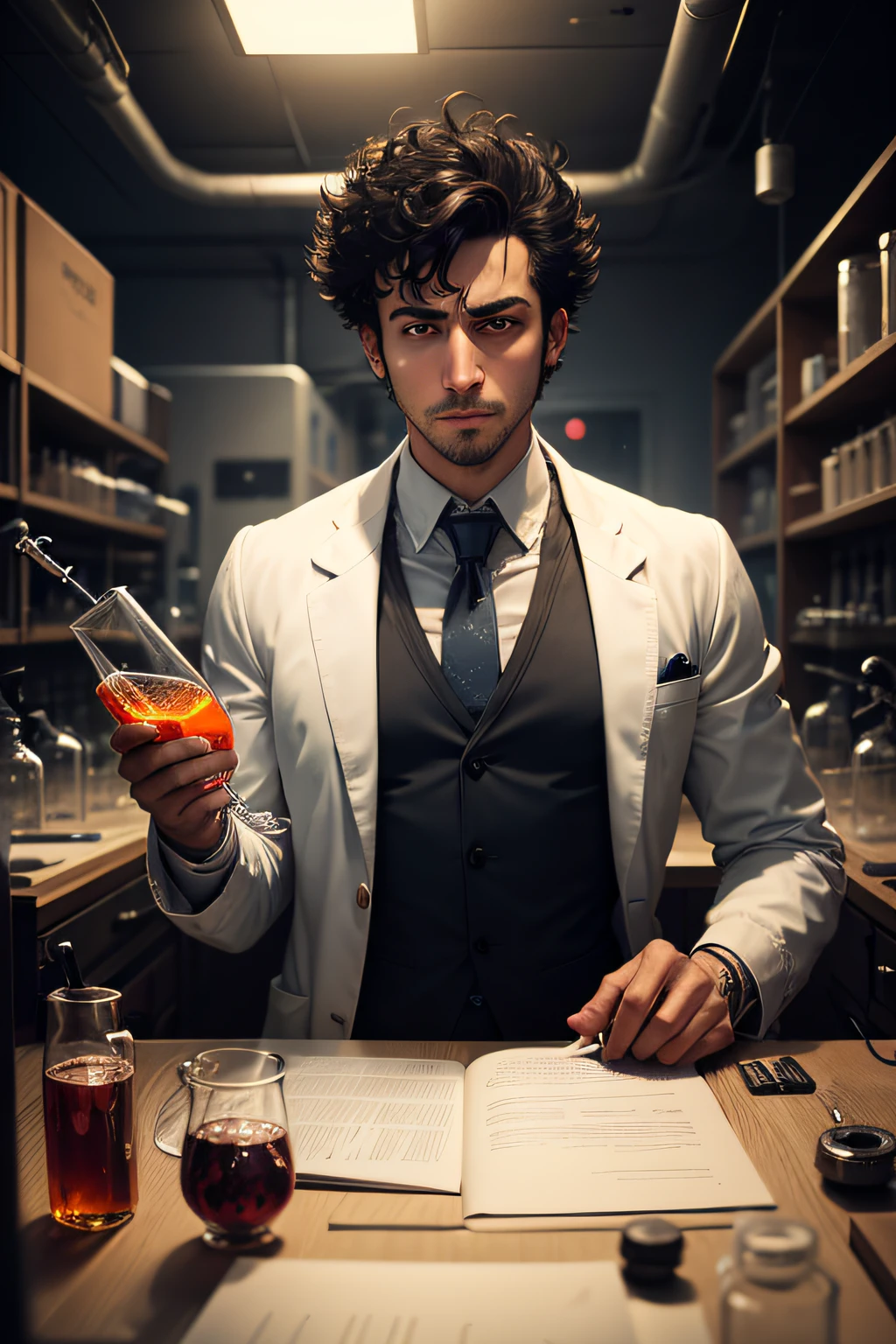 arafed man in a lab holding a glass with a liquid inside, he is in a alchemist lab, mad scientist working, portrait of a rat mad scientist, poetic sequence in mr. clean, russian lab experiment, elite scientist, portrait of a male hydromancer, scientist, in an underground laboratory, foxish guy in a lab coat, molecular