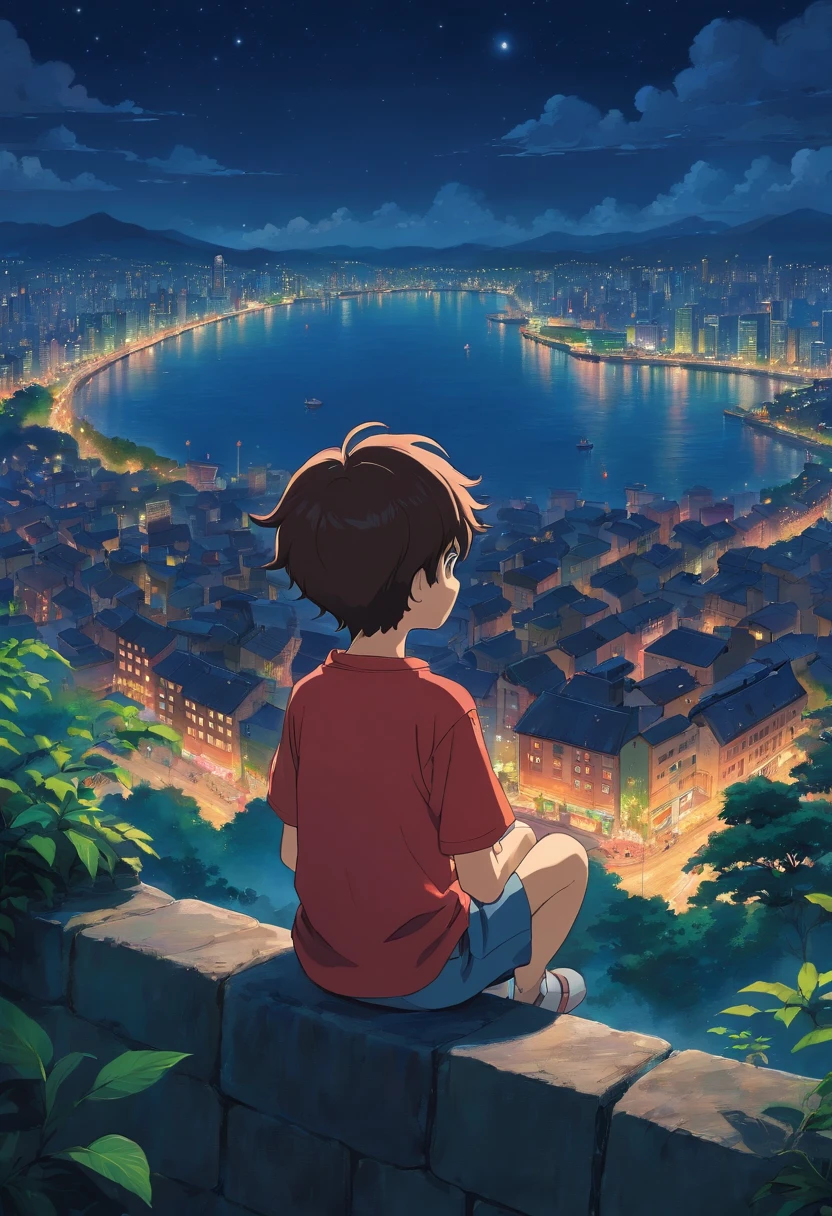 Dimly lit summer night Cute little boy with short sleeves Meditation Looking out at the glimmer of the city in the distance