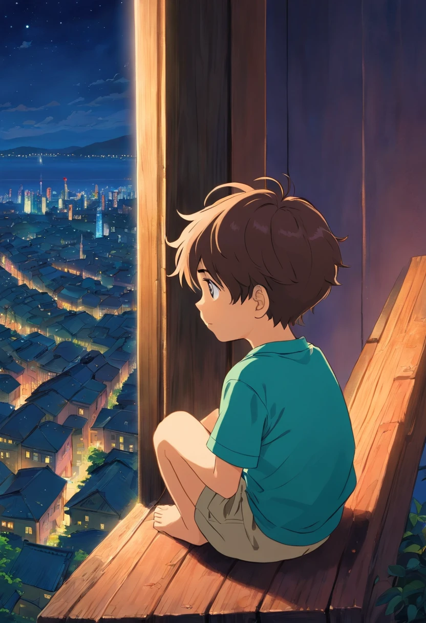 Dimly lit summer night Cute little boy with short sleeves Meditation Looking out at the glimmer of the city in the distance