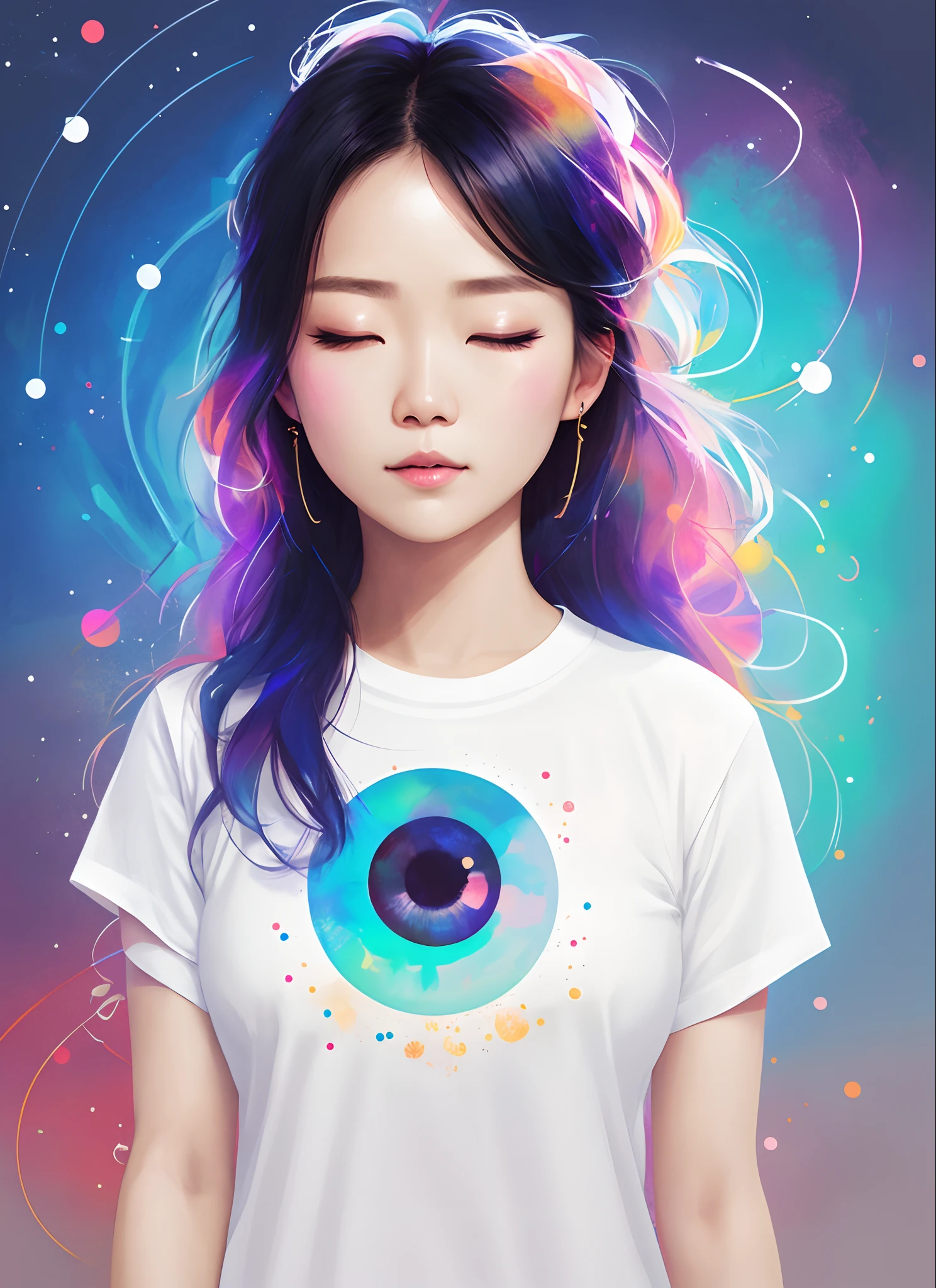 T-shirt design, round design, white background, centered art, 2D vector, Asian woman with agnes cecile, closed eye, bright design, pastel colors, paint drops, autumn lights