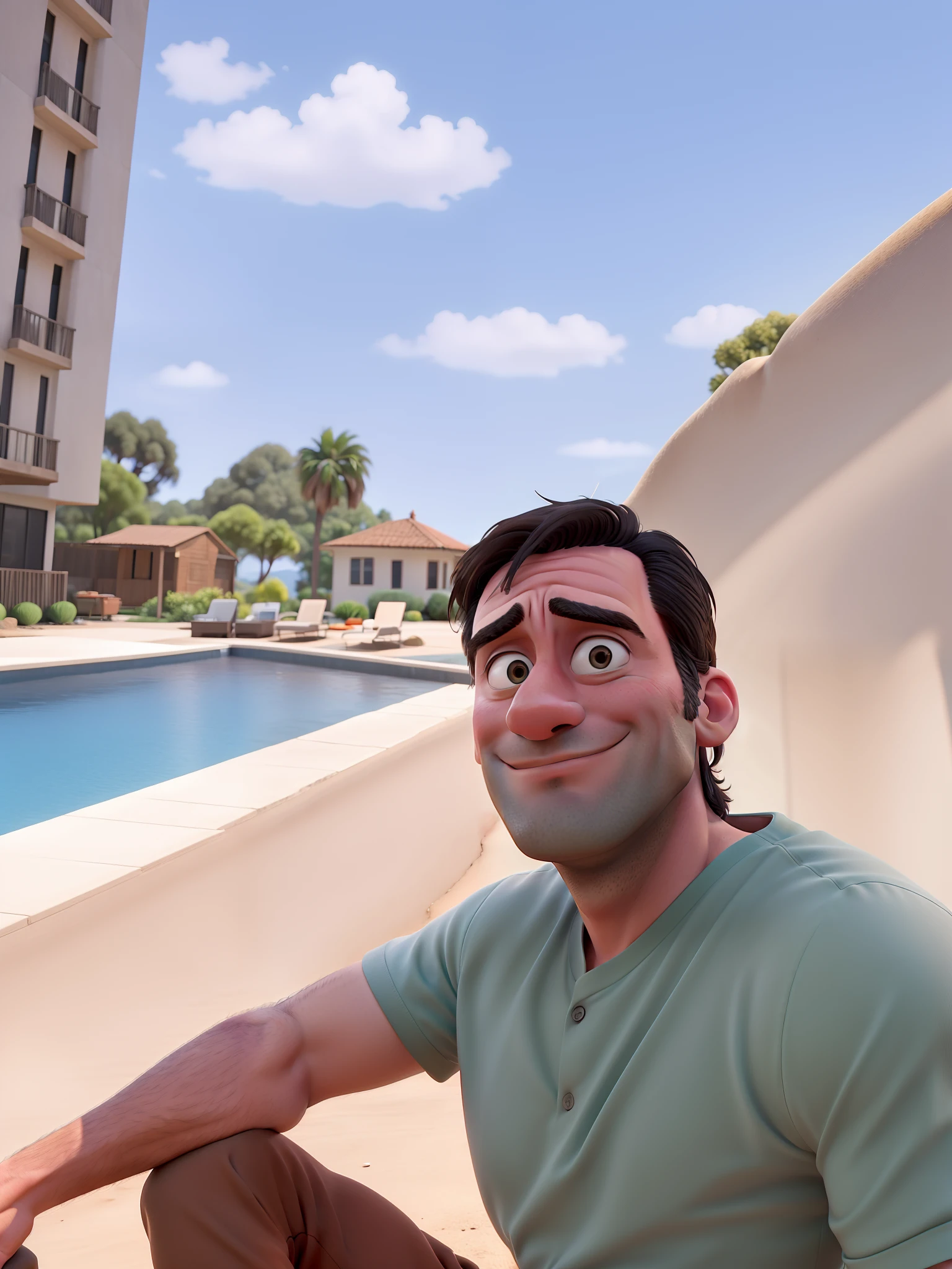 Jon Hamm, Cartoons in orange shirt and black pants, arms crossed, olhando para frente e sorrindo com os dentes aparecendo;