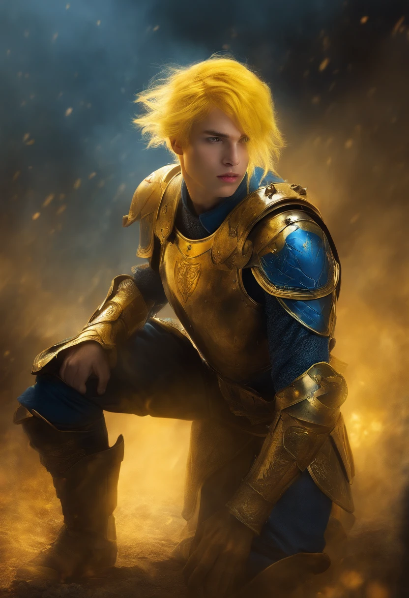 yellow hair,The Spirit of War,Young Man,Dressed in blue full-body armor,trident