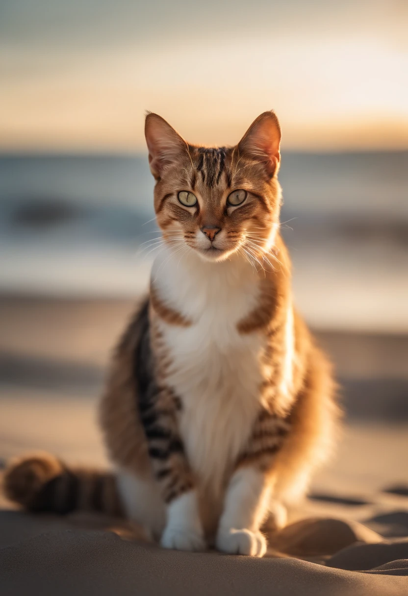 Create a portrait of a cat with a blurred background on a beach, giving the image a dreamy, romantic feel. Use a Canon EOS R5 camera with an 85mm lens at the F1.2 aperture setting and soft sunlight. professional color grading, soft shadows, no contrast, clean sharp focus, film photography