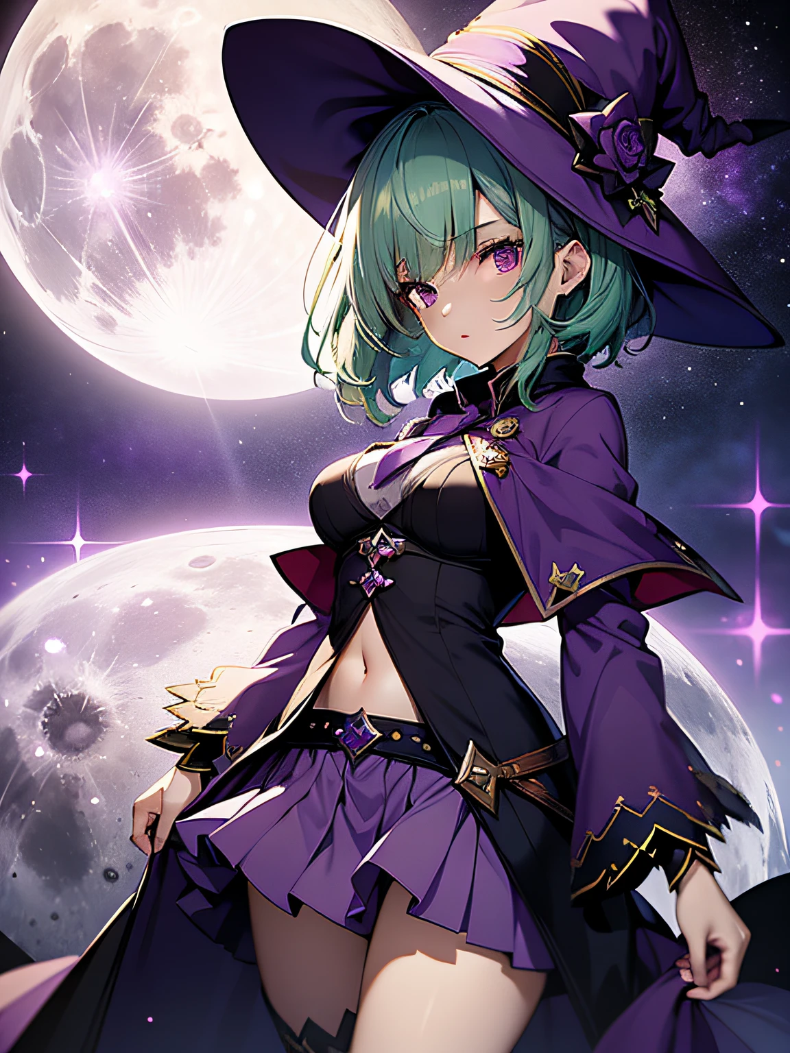 top-quality、extremely delicate and beautiful、(A  girl)、Purple Eye、Green hair、short-haired、(purple witch hat)、Purple tie、Soio、shortsleeves、Purple skirt、Purple Wizard Robe、Navel、is standing、Full moon night on background