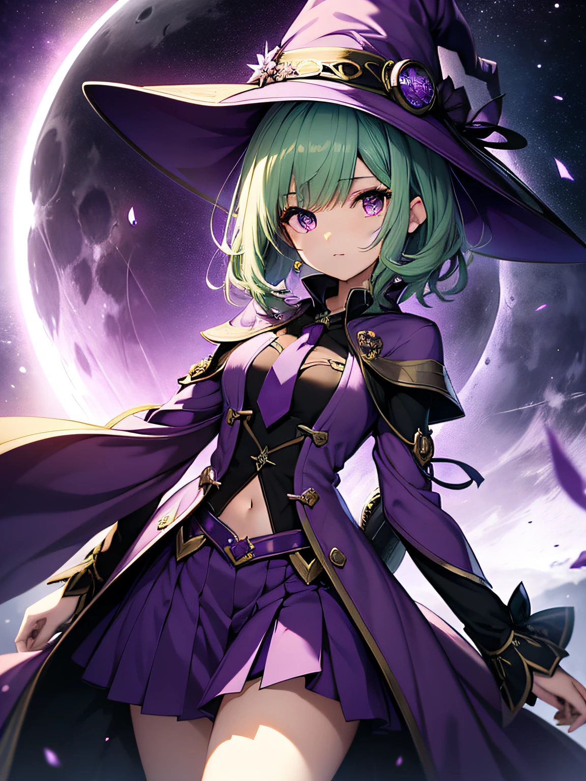 top-quality、extremely delicate and beautiful、(A teenage girl)、Purple Eye、Green hair、short-haired、(purple witch hat)、Purple tie、Soio、shortsleeves、Purple skirt、Purple Wizard Robe、Navel、is standing、Full moon night on background