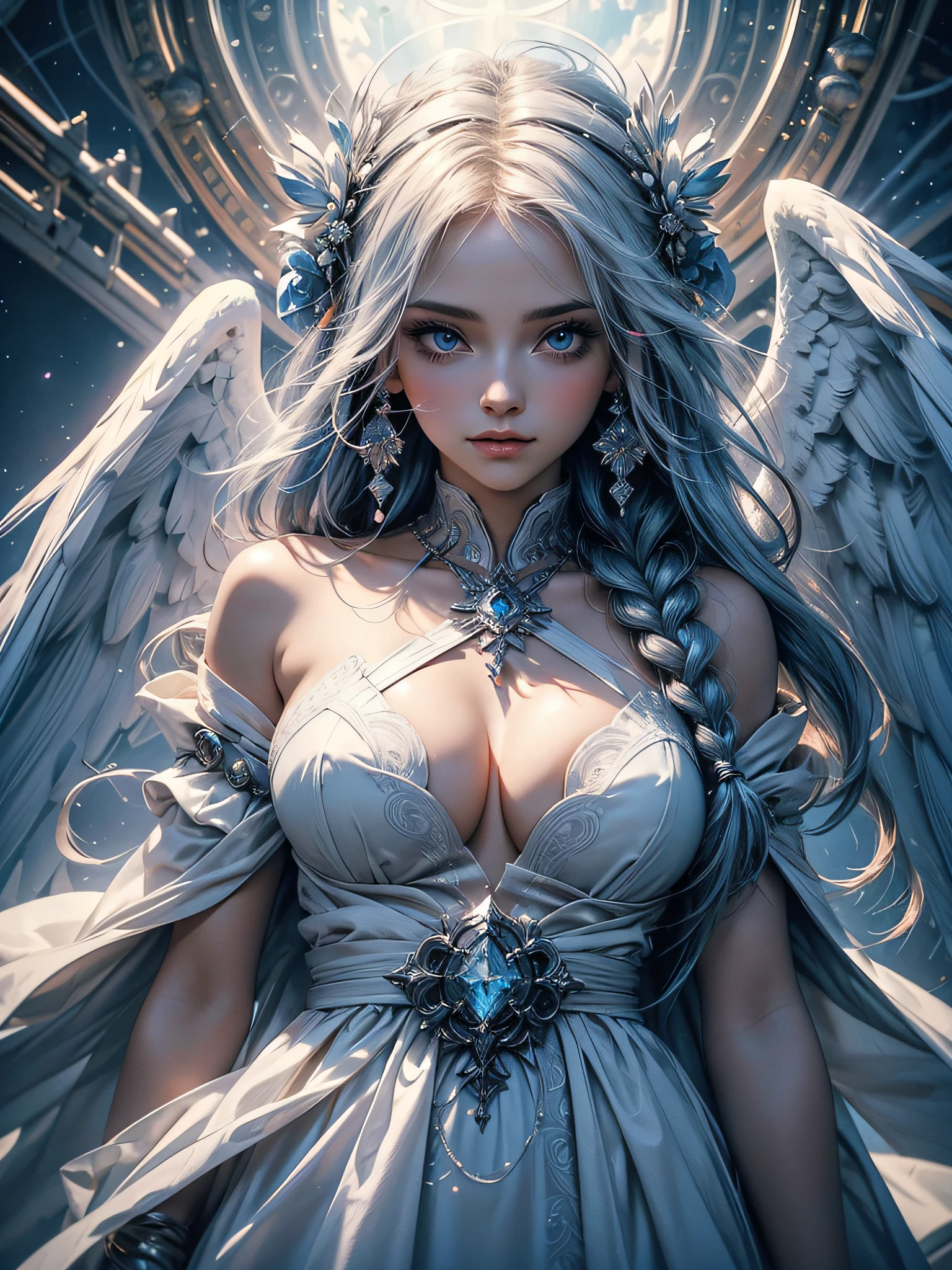 A girl with the white robes of a goddess, eyes the most beautiful and very detailed blue, hyper perfect face, long white hair that goes to the floor with braids, medium breasts, a fit body with curves, with huge semi-open angelic wings, translucent areola , angelic, divine, celestial, lights reflecting a divine being, slowly walking, perfect reflections, sharp and vivid colors, {extremely detailed 8k CG unit wallpaper}, expansive landscape photography, (a view from below with focus on character and setting), (wide open field view), (low angle shot), (high light: 1.8), (low light: 1.4), (warm light source: 1.2), complex details, ( iridescent colors: 1.8), (bright lighting), (atmospheric lighting), Dreamy, Divine, majestic, epic