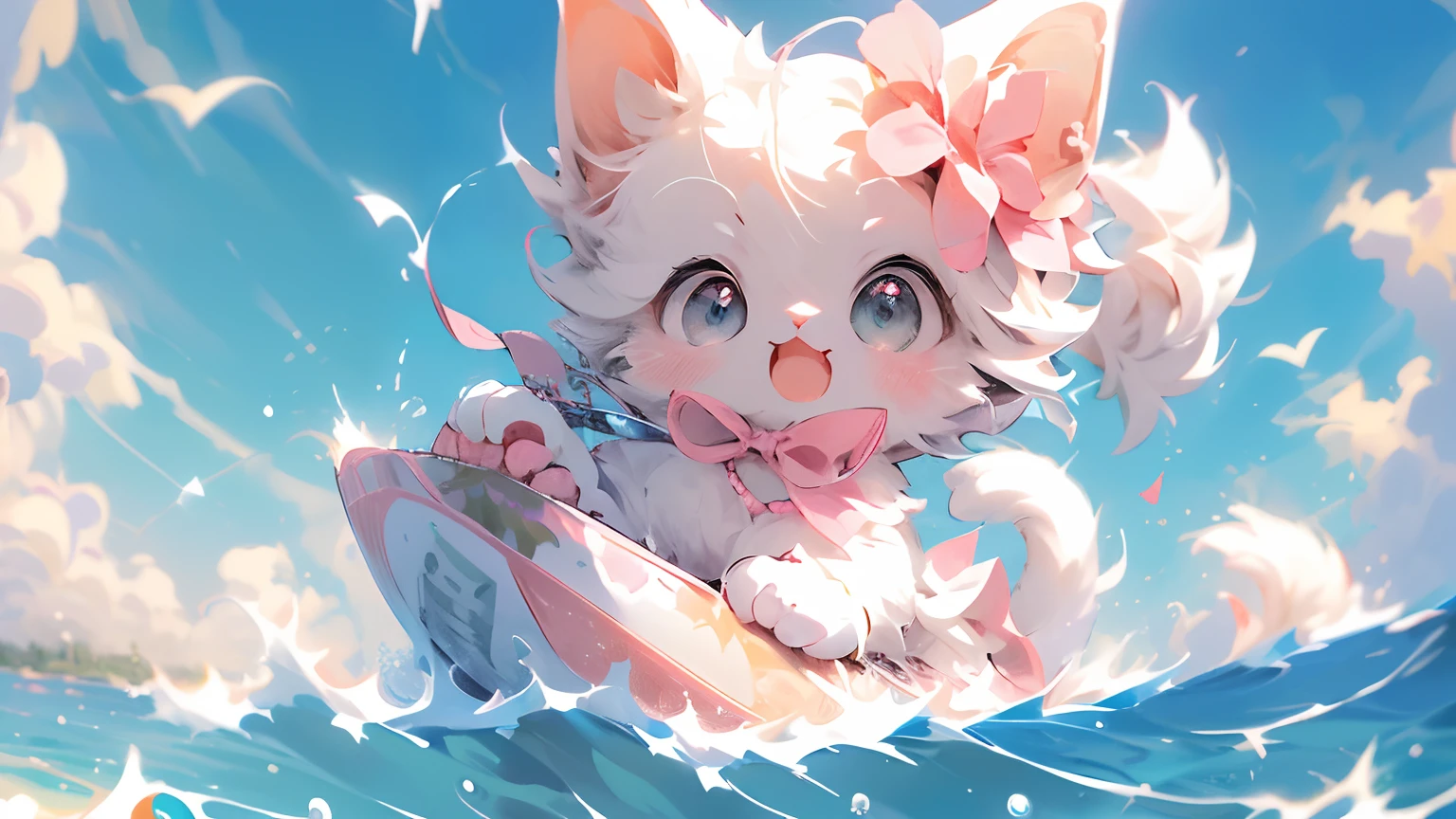 (masutepiece:1.2, High quality),Cat, absurderes, hight resolution, ultra-detailliert, catss, white cat、kawaii、pink  dress、Accessorizing、kirakira、pink there、frilld、bow ribbon、With background