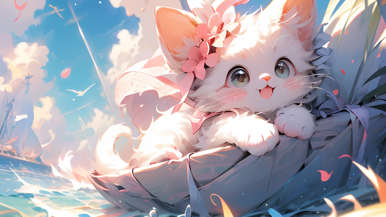 (masutepiece:1.2, High quality),Cat, absurderes, hight resolution, ultra-detailliert, catss, white cat、kawaii、pink dress、Accessorizing、kirakira、pink there、frilld、bow ribbon、With background