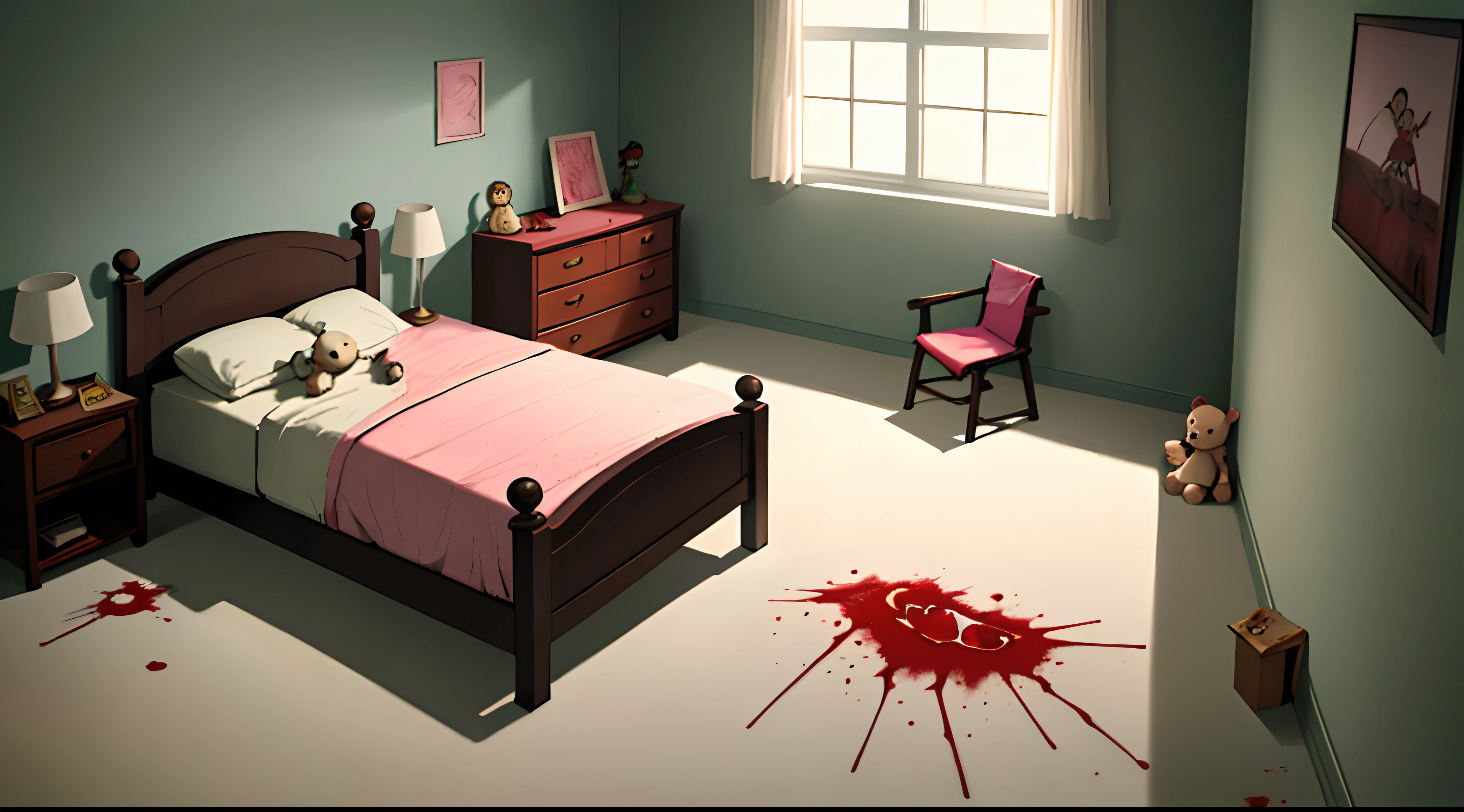 room without light, pink bed, cute room, traumacore, blood stains, girl's room, stuffed animals, dark and shadows, with no one many blood stains on the bed