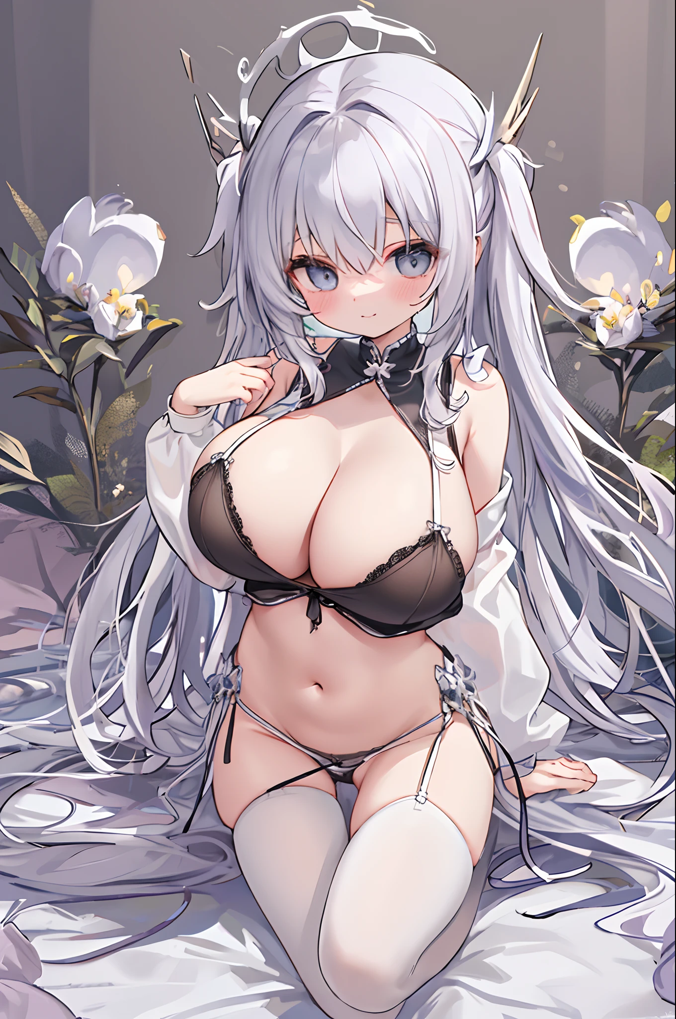 Riman，（tmasterpiece）， best qualtiy， detailedbackground， cinmatic lighting， naturey， BREAK 1 girl，(splits legs) 独奏， adolable， shift dresses， looking at viewert，(huge tit)，((cleavage))，(Pubic bone)，Thigh strangle，(((huge tit)))，(White panty hose)，((Erotic lingerie))