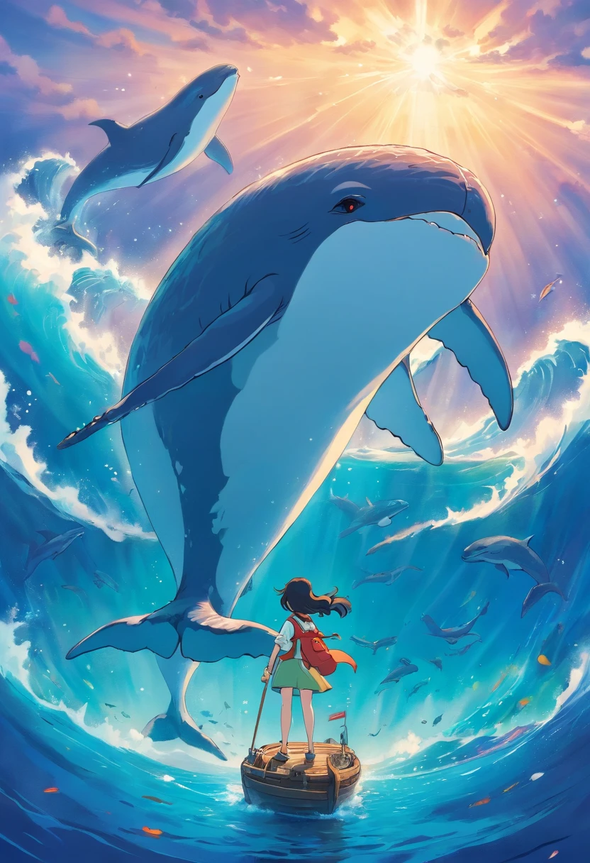 Beautiful whales,anthropomorphic turtle,Warriors,Fantastical colors,Natural,Take the Sea King Trident,Standing on the sea with your waist crossed